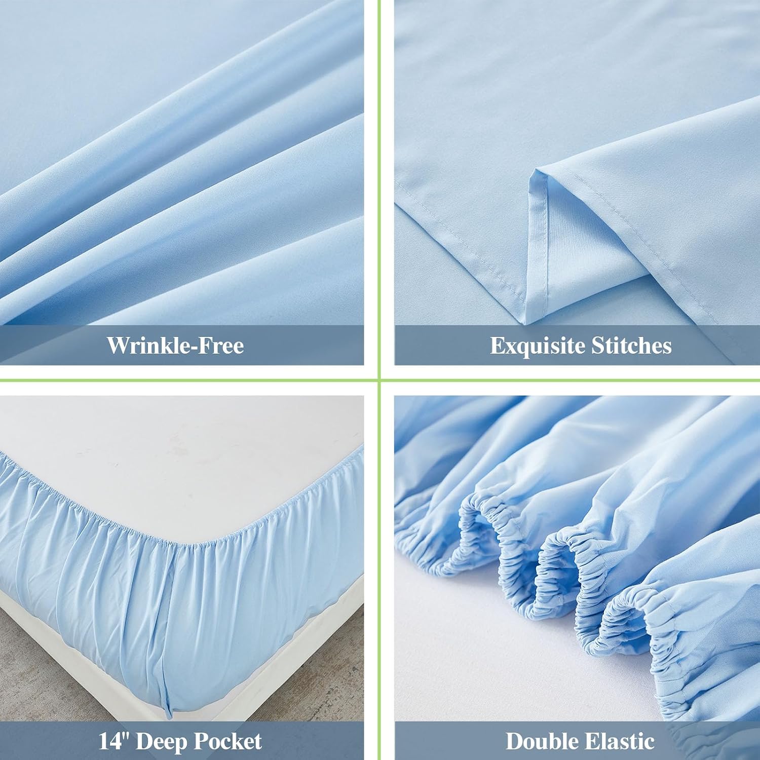 Detalle de ILAVANDE 6-Piece Queen Sheet Set, Baby Blue Microfiber, 14-Inch Deep Pocket
