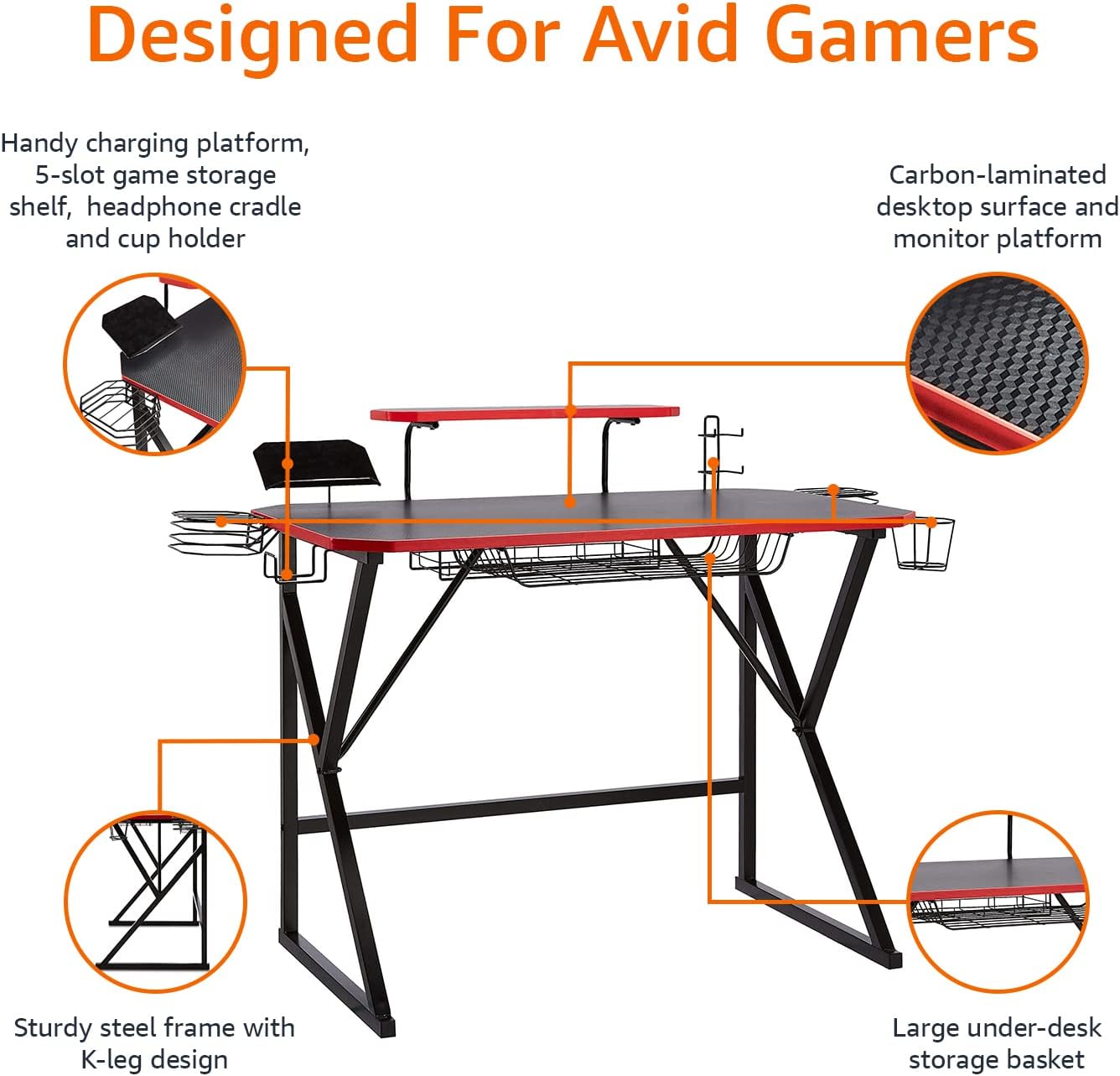 Detalle 2 de Amazon Basics Scrivania Rettangolare per PC e gaming con vani portaoggetti – 130 x 60 x 90 cm, rosso