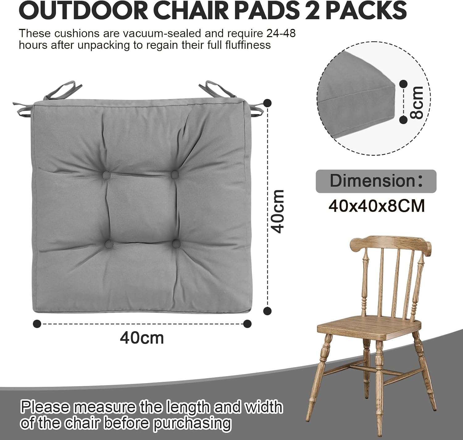 Thumbnail 2 de PRIMEPATIO Outdoor Garden Chair Cushions Set of 2 (8cm) – 50 x 50cm, Grey