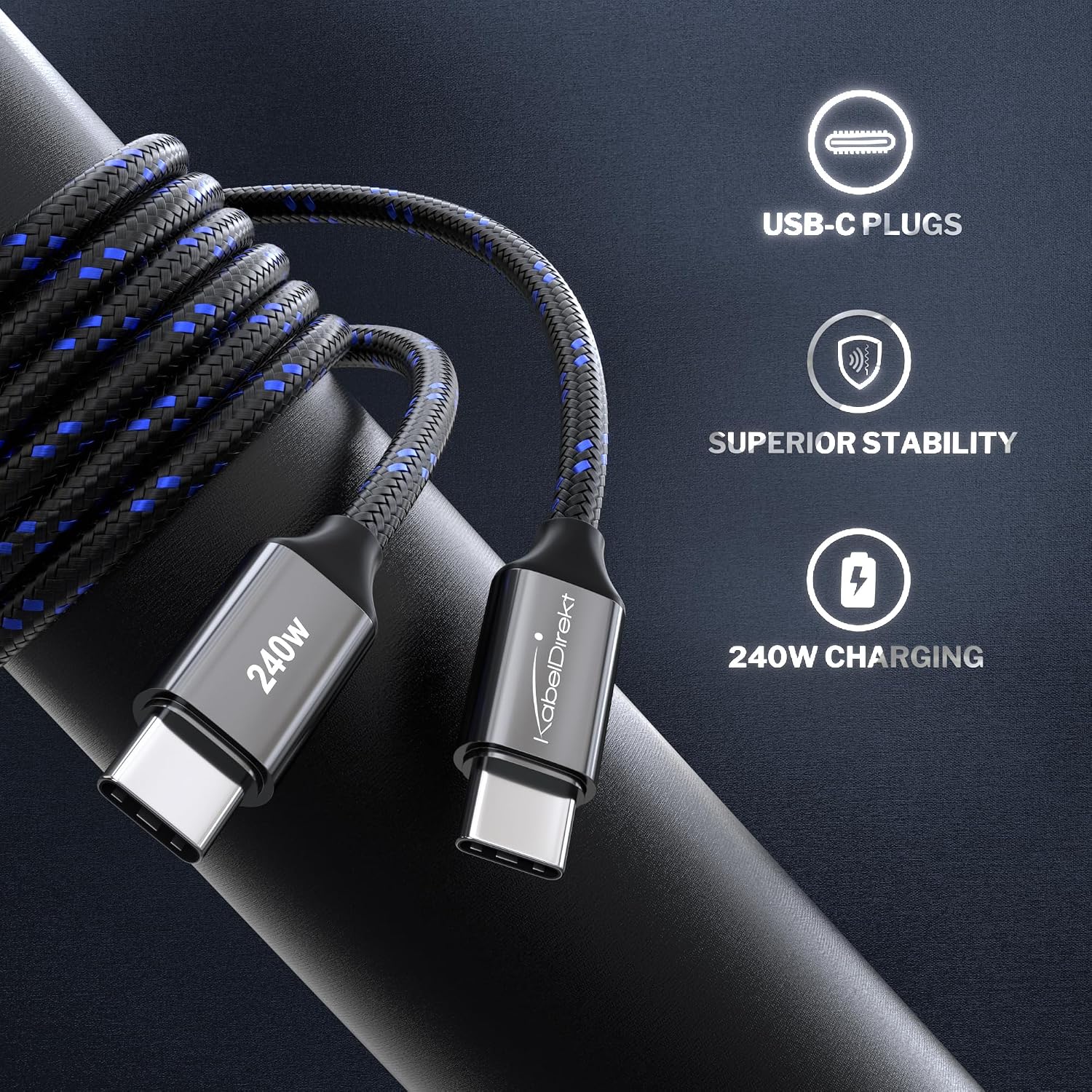 Detalle de KabelDirekt USB-C-Kabel zum Schnellladen – USB 2.0, Metallstecker, Nylon-Braiding, 2× 1 m