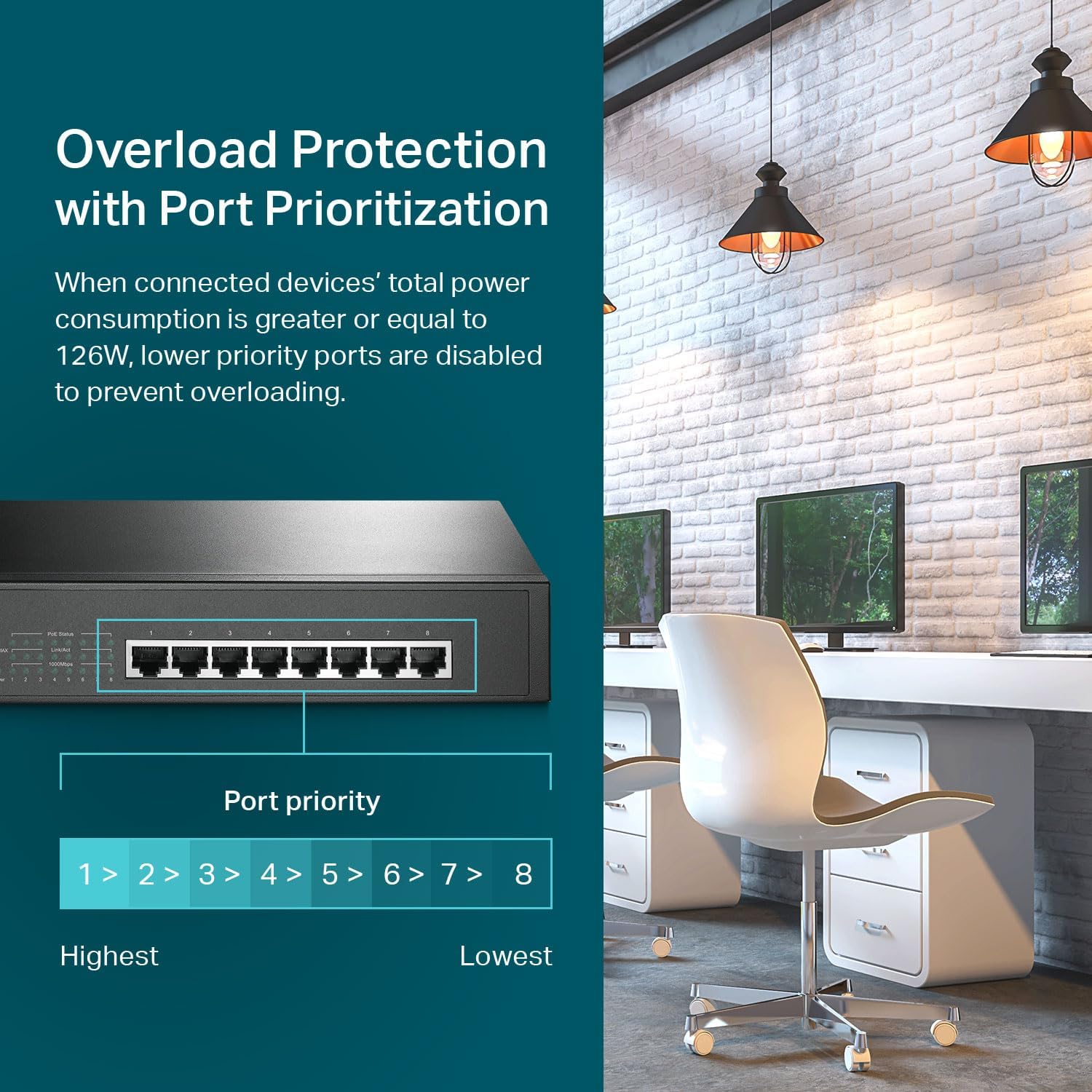 Detalle de TP-Link TL-SG1008MP 8-Port Gigabit PoE Switch (8 PoE+ ports, 126W) with Plug-and-Play