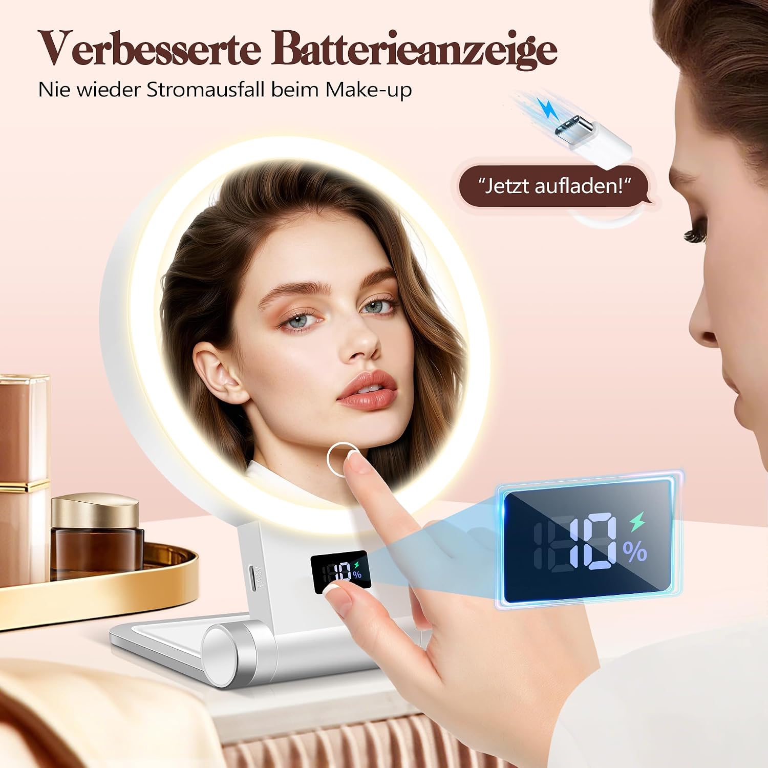 Thumbnail 1 de B Beauty Planet 30X/1X Kosmetikspiegel mit Beleuchtung – verstellbarer Ständer, 30X Vergrößerung, 3-Lichtmodi, 2000mAh
