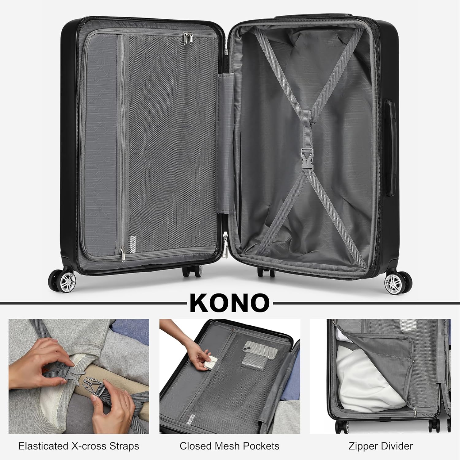 Thumbnail 5 de Kono 20 Inch Cabin Suitcase – Lightweight Hard Shell Carry-On (Black, 55x35x22cm, 37L)