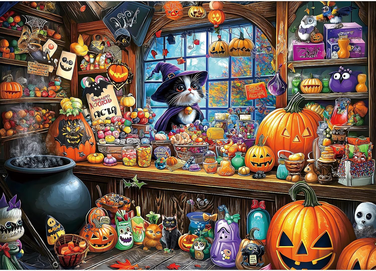 Detalle de MINIWAN BFJIUJIU-00186 Halloween Witch Cat 1,000-Piece Jigsaw Puzzle