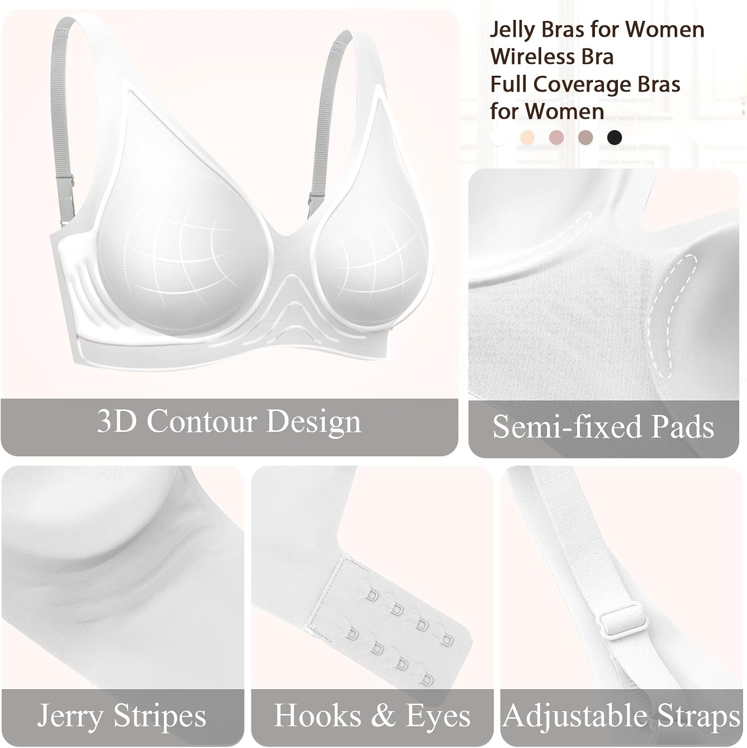 Detalle de Ganado WNBR004 Jelly Wireless Bra, Seamless Full Coverage with Adjustable Straps