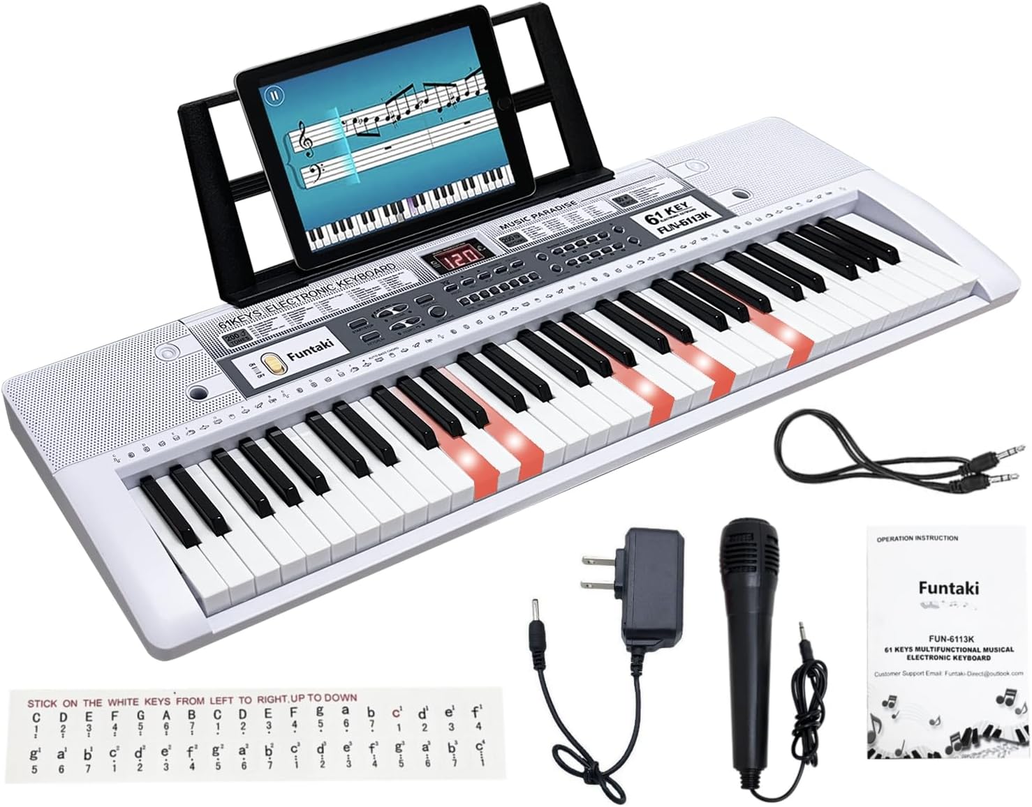 Detalle de Funtaki FUN-6113K-WH digitalpiano med 61 tangenter, ljus och MIDI