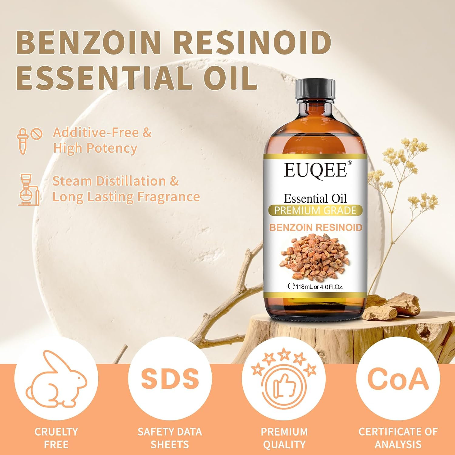 Detalle 2 de EUQEE Benzoin Resinoid Essential Oil, 4.0 Fl Oz Amber Glass Bottle