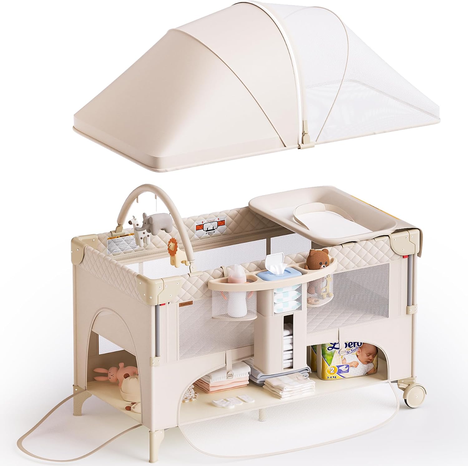 Detalle de kingobabys 4-in-1 Baby Bassinet and Pack 'n Play with One-Step Fold