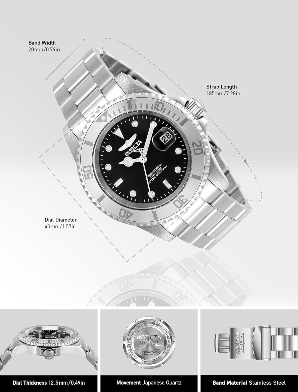 Detalle de Invicta Pro Diver 34022 da uomo, cassa in acciaio 40 mm e movimento al quarzo