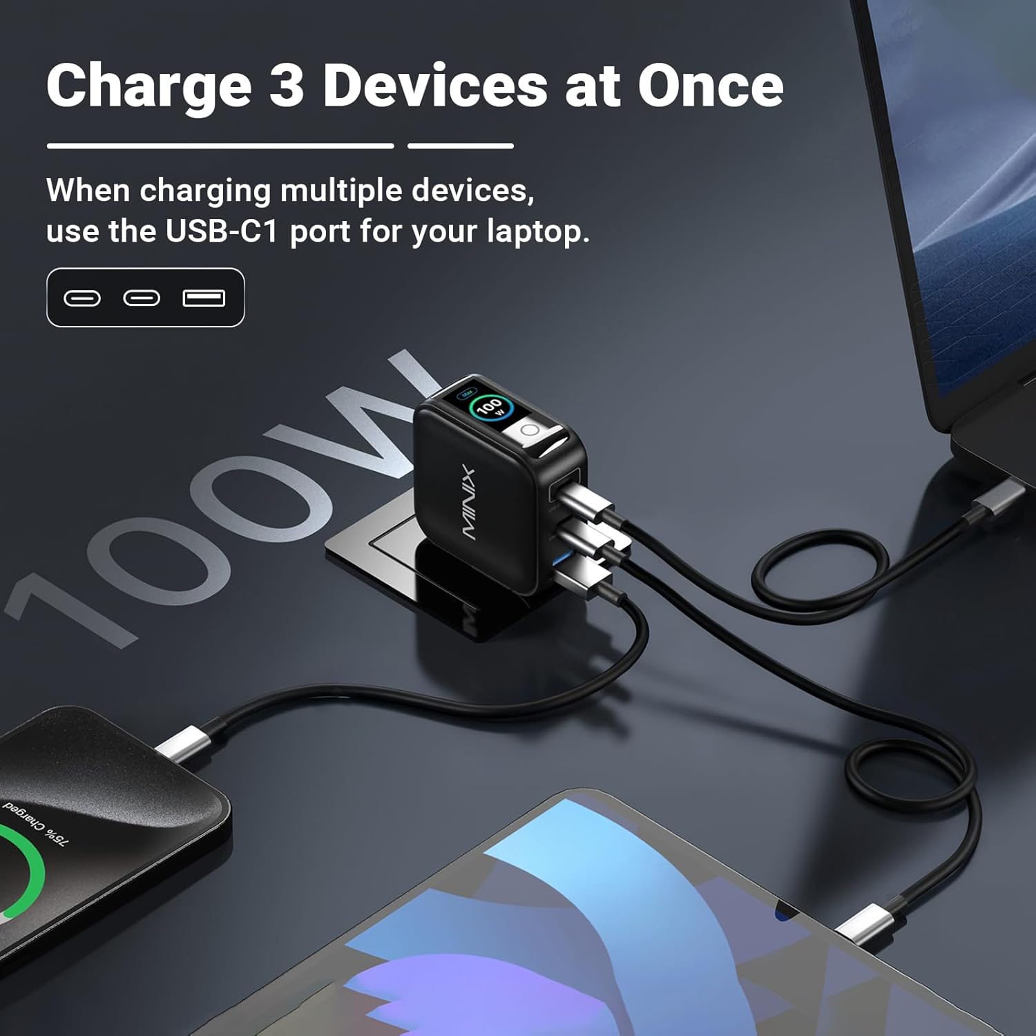 Detalle de MINIX 100W GaN Charger with 3 Ports and Smart Display