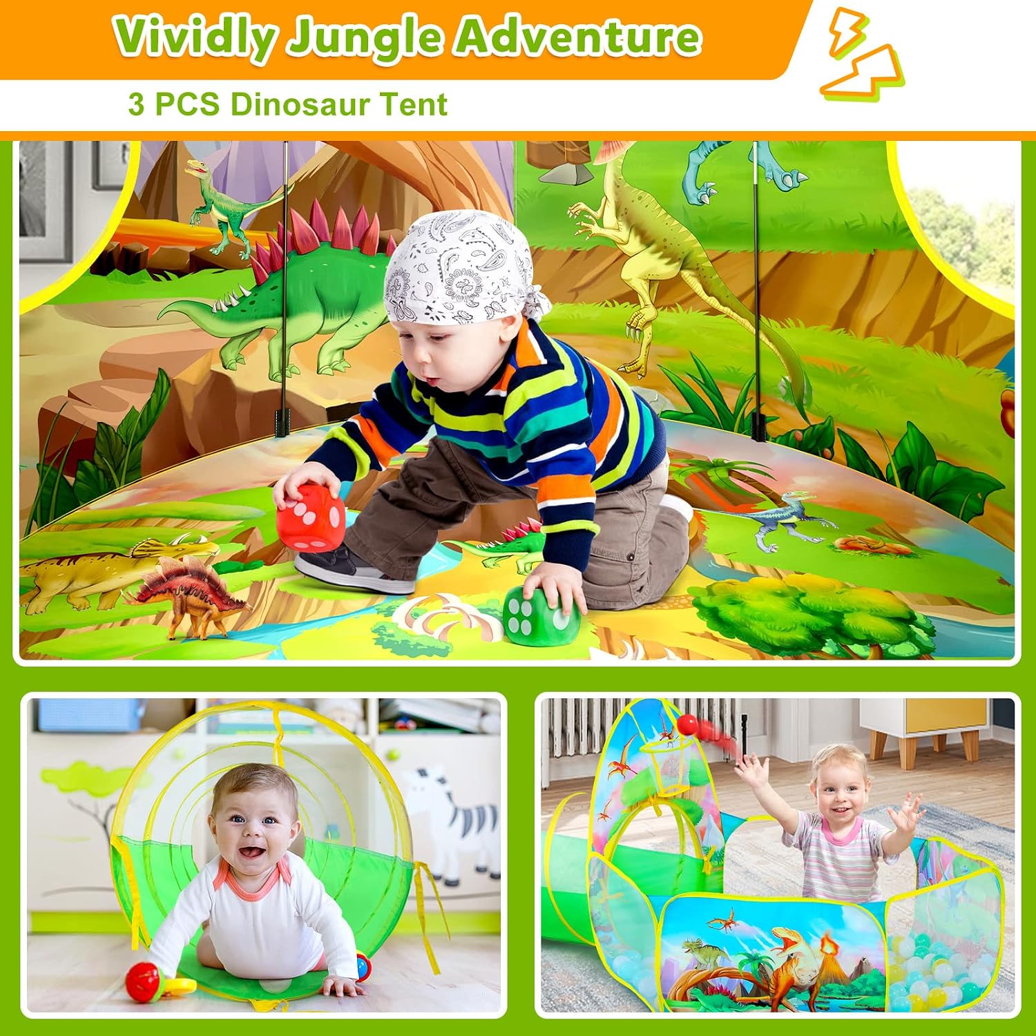 Detalle de 3PC Dinosaur Tent for Boys with Ball Pit, Tunnel & Pop Up Playhouse