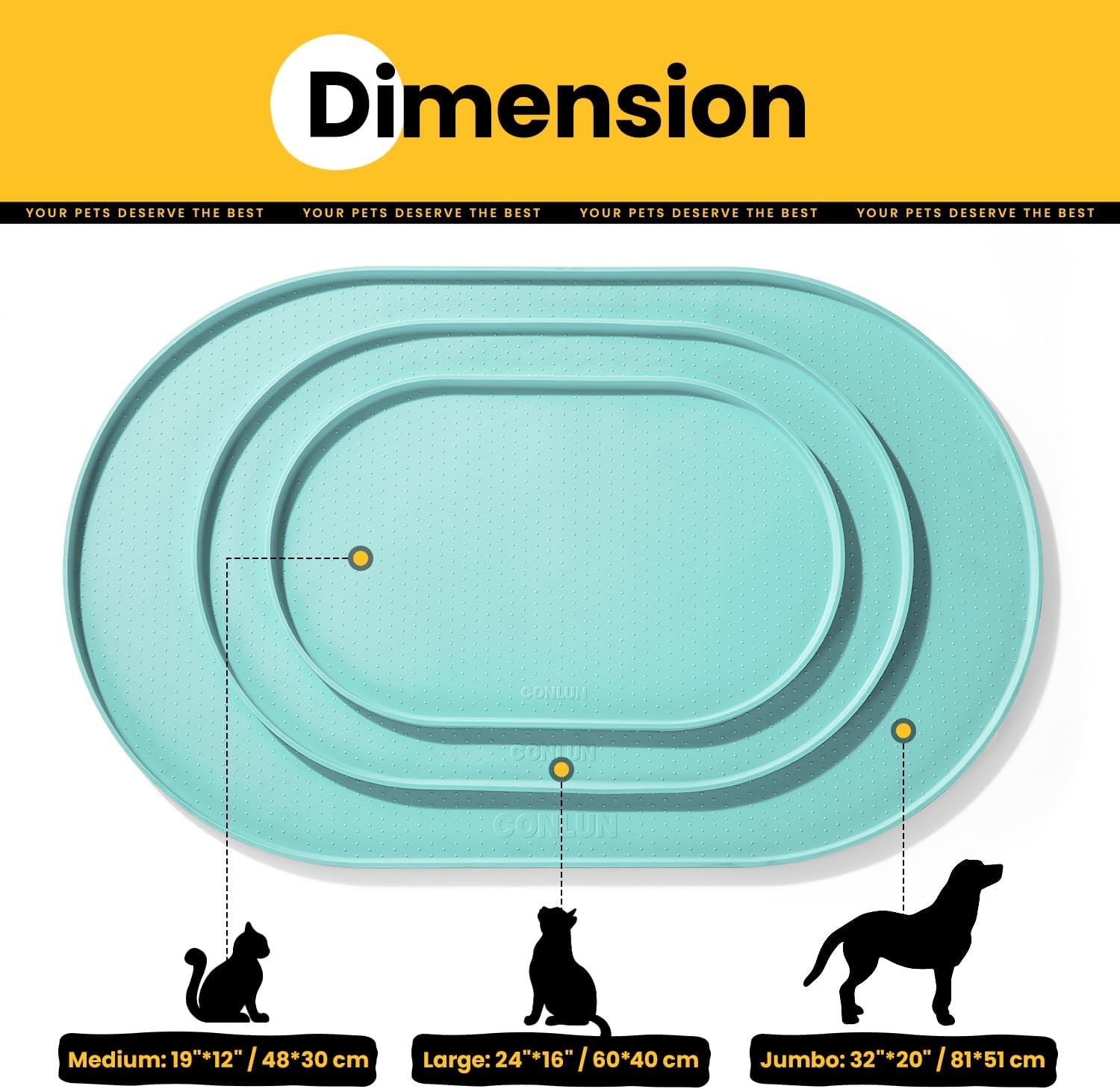 Detalle de Conlun Napfunterlage Hund – rutschfest, BPA-frei und mit Rand in Turquoise (3 Größen, 48×30 cm – 81×51 cm)