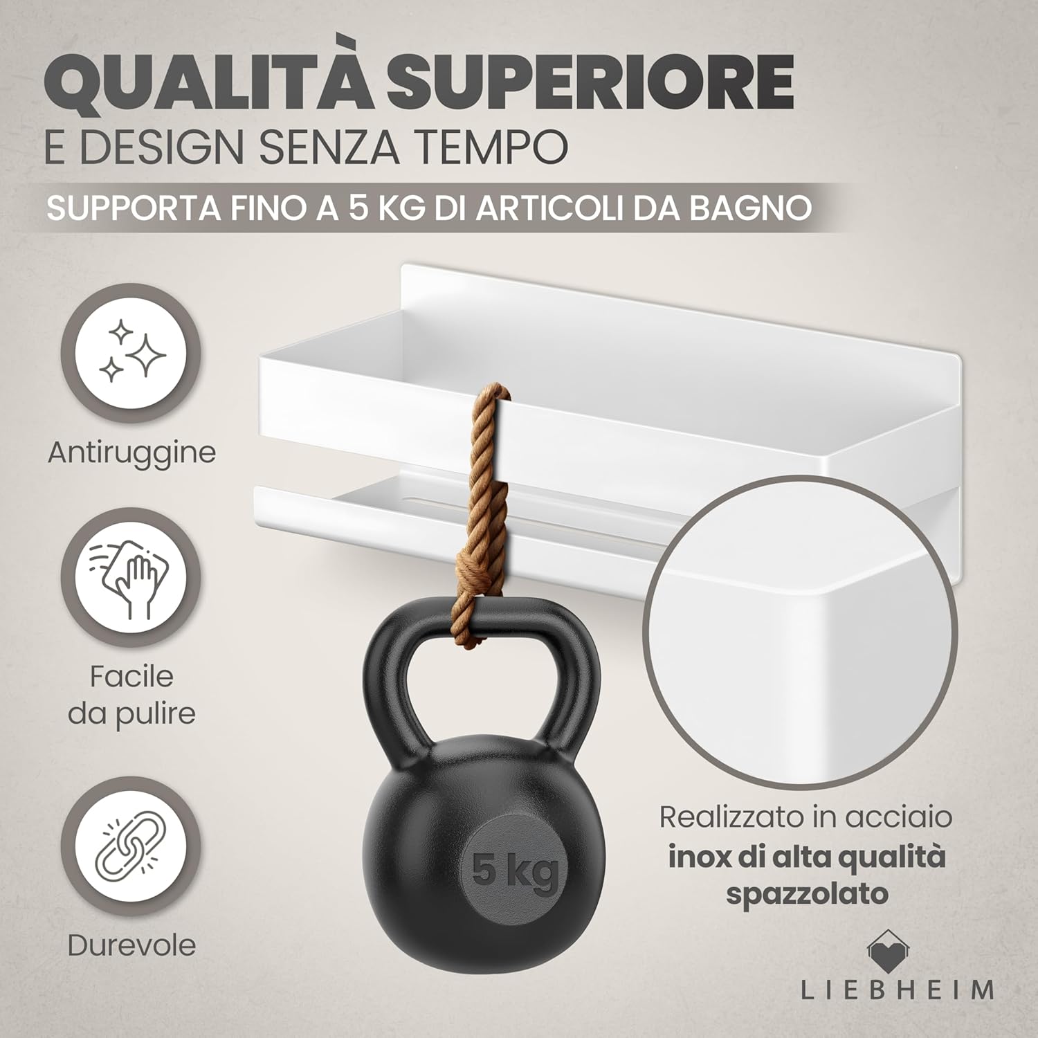 Detalle de LIEBHEIM mensola doccia in acciaio inox bianco per bagno senza foratura