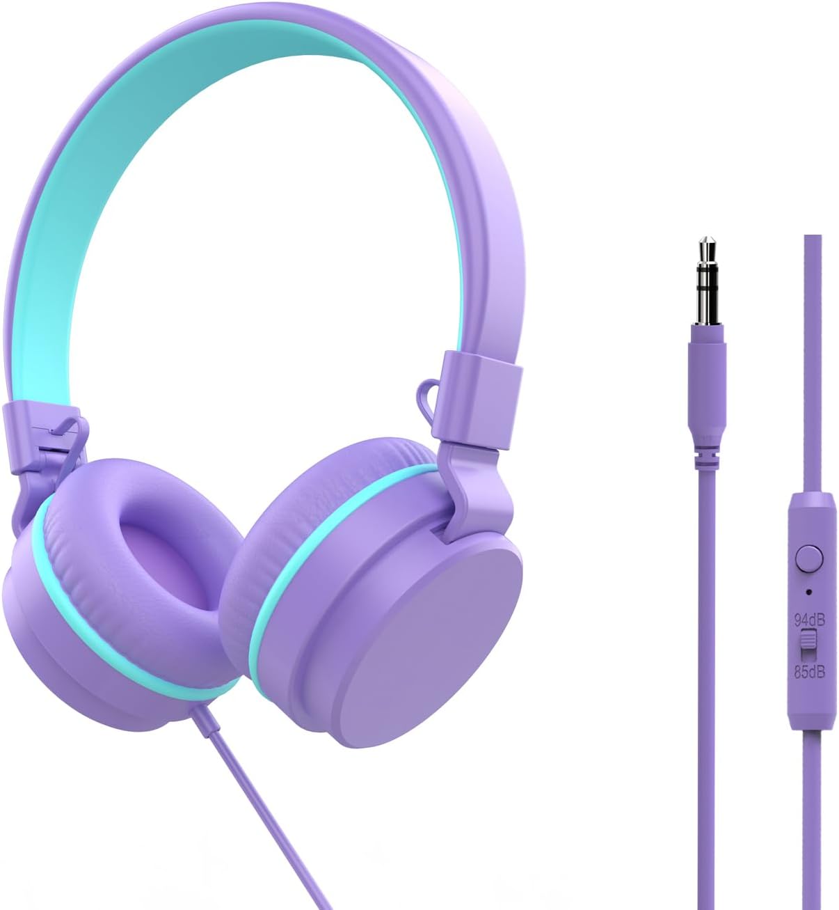 Detalle de YOYOTUNE Kids On-Ear Headphones with Mic – Safe Volume Limiter, 3.5mm Wired, Foldable & Lightweight (Purple)