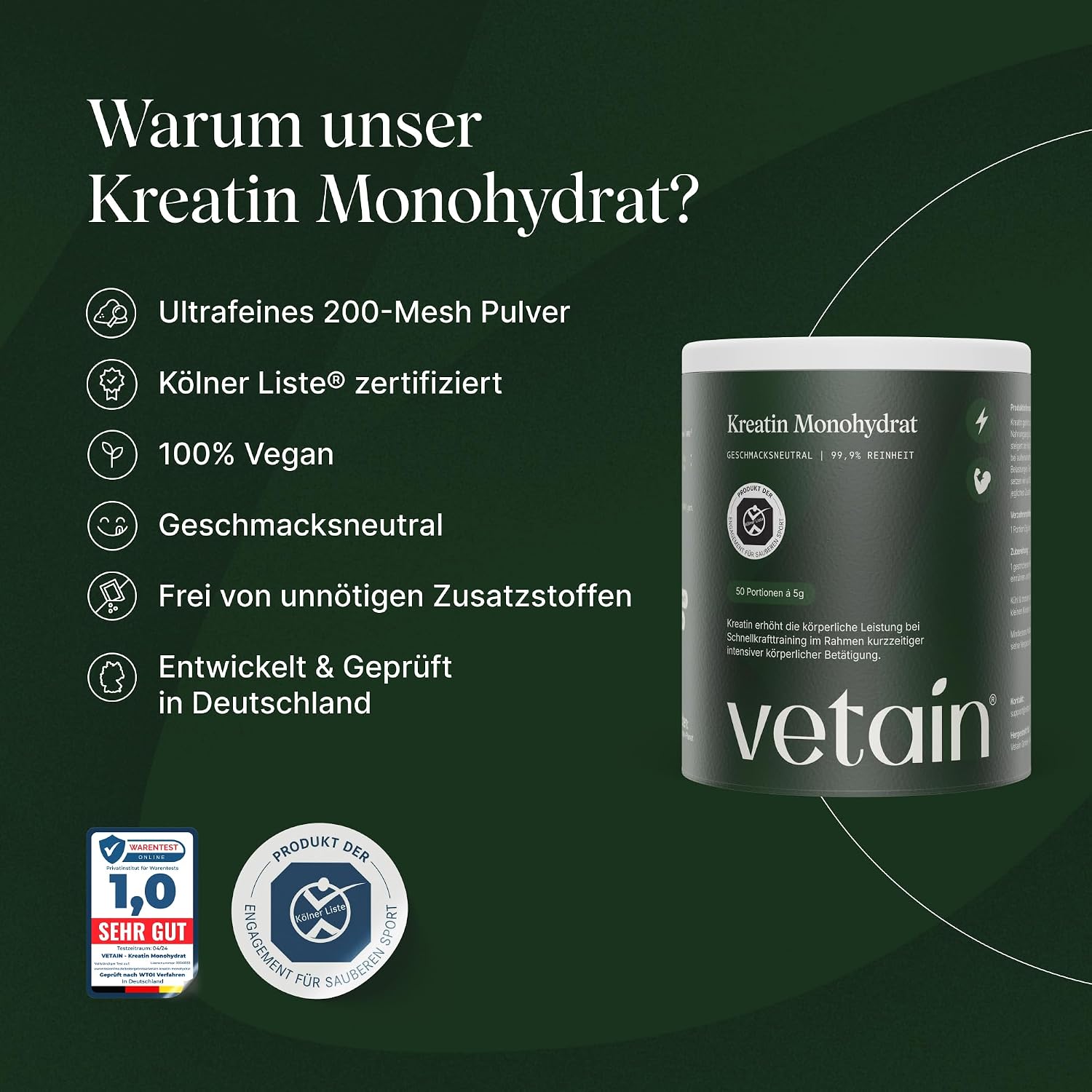 Detalle de VETAIN Creatin Monohydrat 250 g – mikrofeines Pulver, 50 Portionen, vegan & ohne unnötige Zusätze