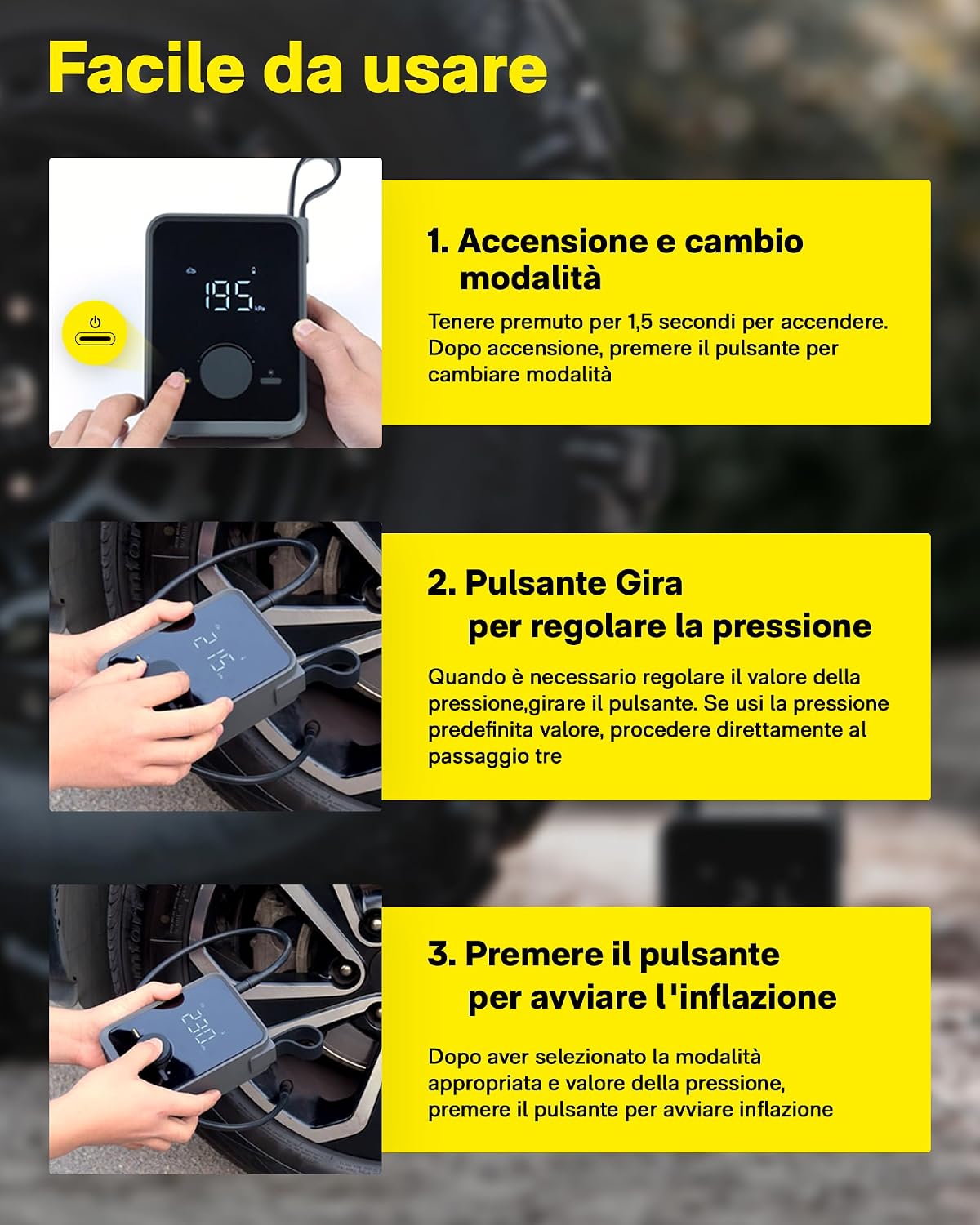 Detalle de Compressore Aria Portatile Pro: gonfiaggio rapido e controllo preciso per auto, bici e moto