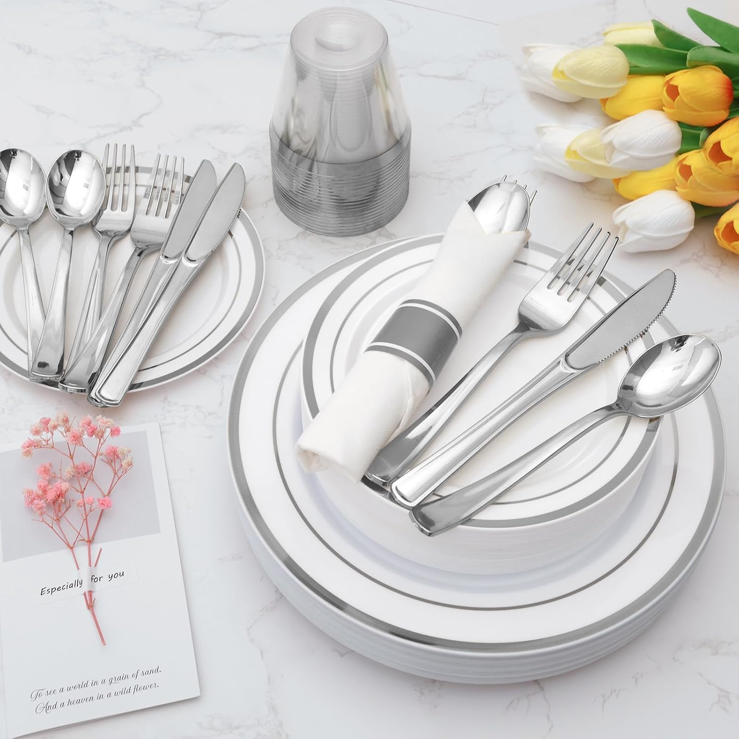 Thumbnail 4 de Goodluck 350 Piece Silver Plastic Dinnerware Set for 50 Guests