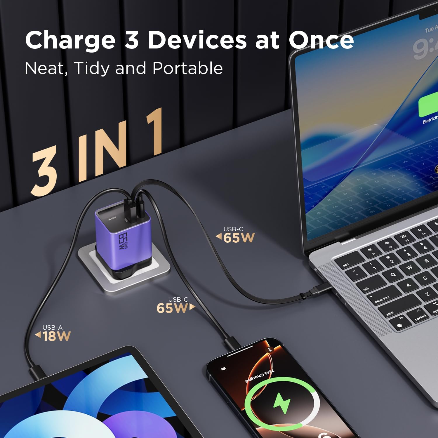 Detalle 2 de YISHIFD 65W GaN USB-C charger (3-port) with retractable cable, 0.7m — fast charging for phones, tablets & laptops