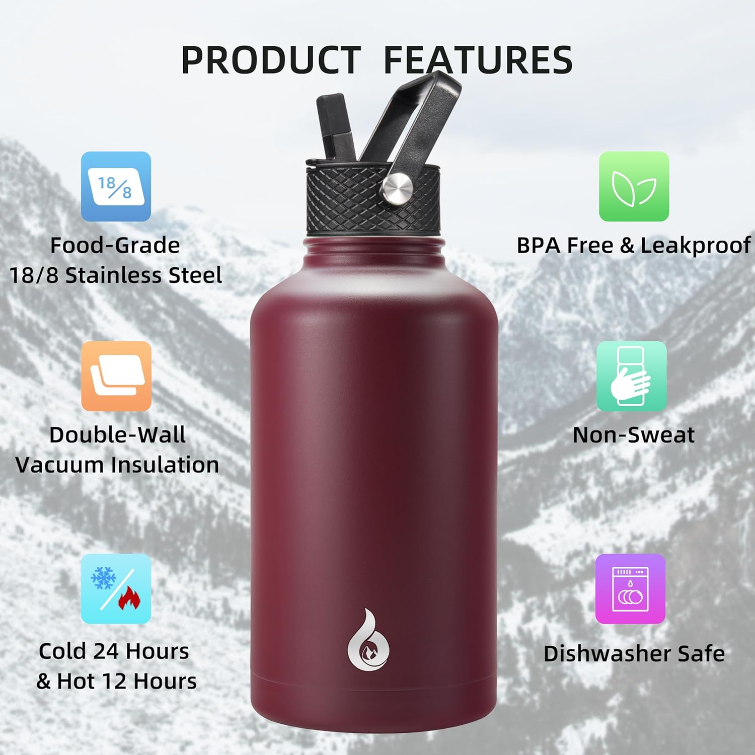 Detalle de BJPKPK Half Gallon Insulated Water Bottle with Straw Lid (64oz) in Brick Red