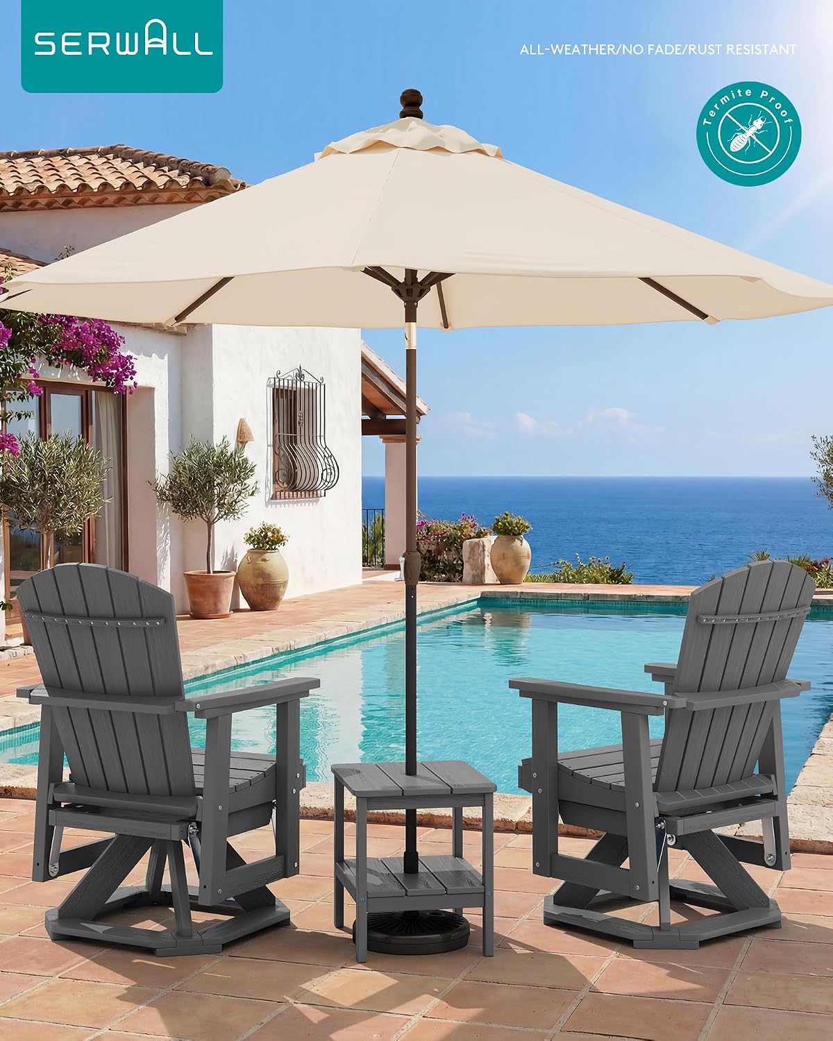 Thumbnail 1 de SERWALL A041-156 Adirondack Swivel Glider Chairs, Set of 4, HDPE, Gray