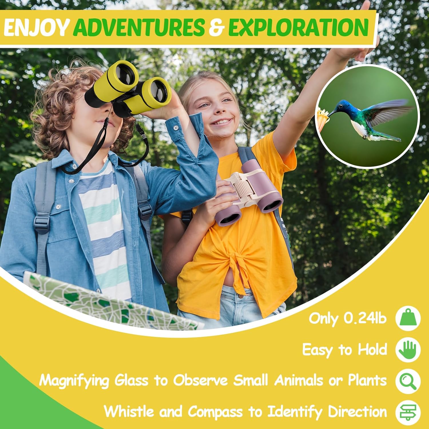 Detalle 2 de Binoculars for Kids with Compass, Magnifying Glass and Accessories (Yellow) – Ideal 3–8 Year Old Explorers
