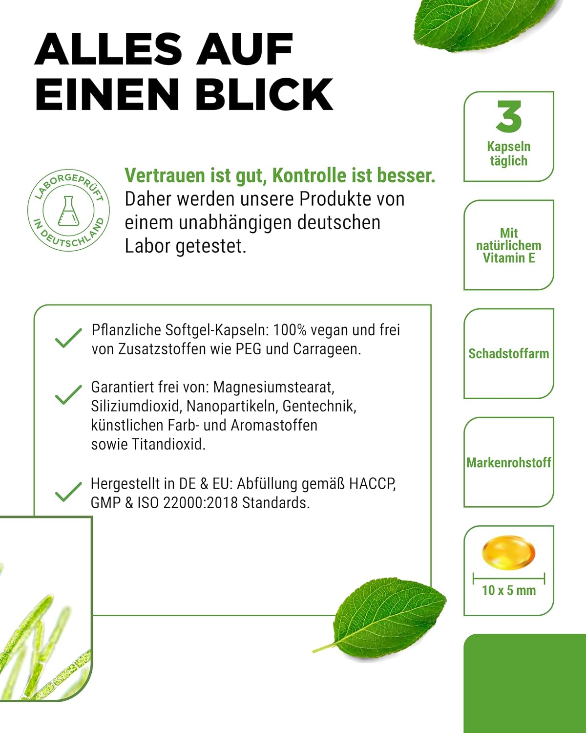 Detalle 2 de vit4ever Omega 3 Vegan (Algenöl) – 120 Softgel Kapseln mit 450 mg DHA & 225 mg EPA