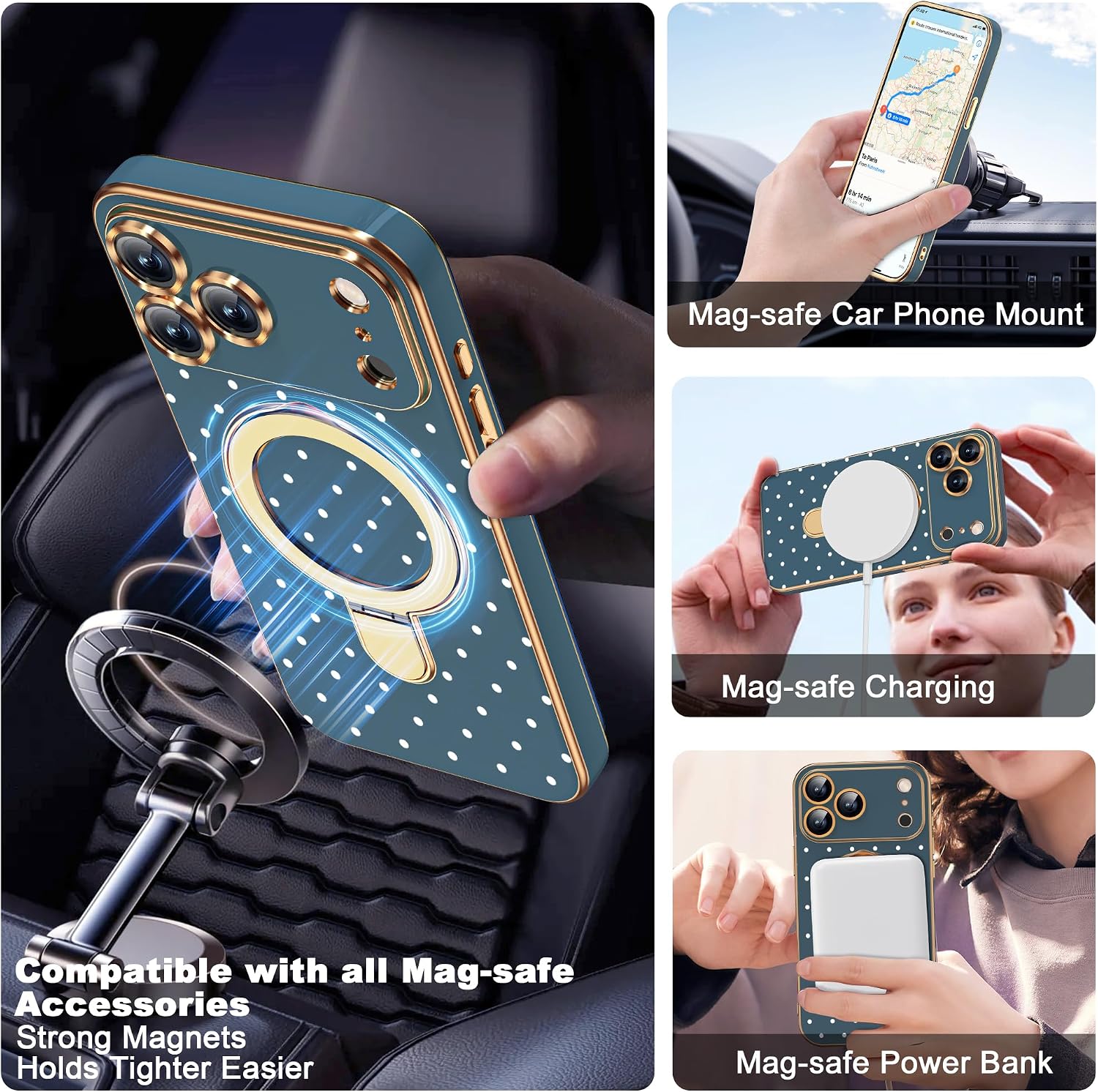 Detalle 2 de ETPESOK Polka Dot iPhone 17 Pro Max Case, Magnetic Ring Stand, Blue-White