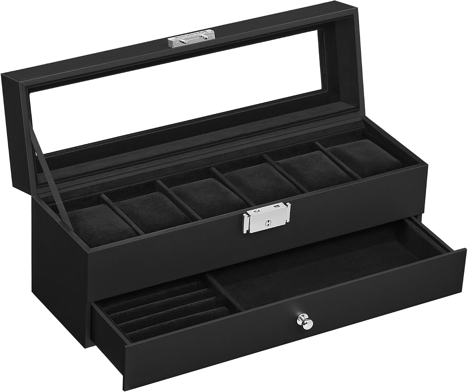 Detalle de SONGMICS BRIDIE JWB060B02 Watch Box, 6 Slots, Glass Lid and Drawer