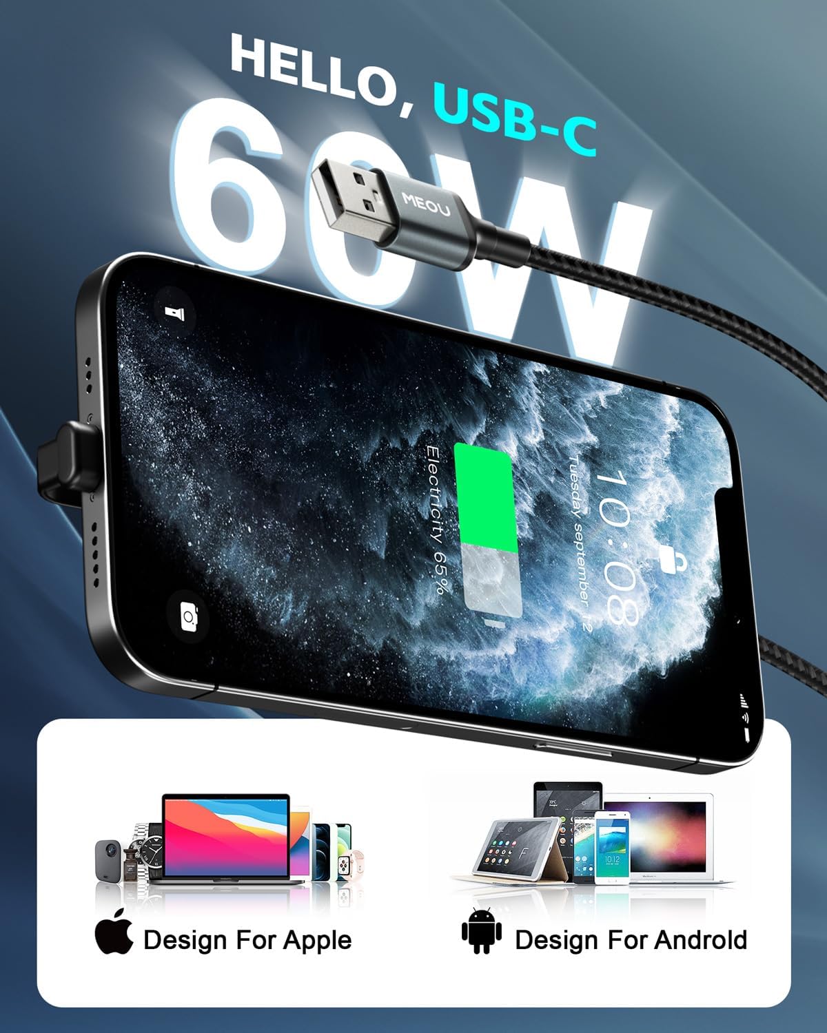 Thumbnail 1 de USB to USB-C Cable 10ft (60W) — USB-A to USB-C Fast Charging Right-Angle Cord