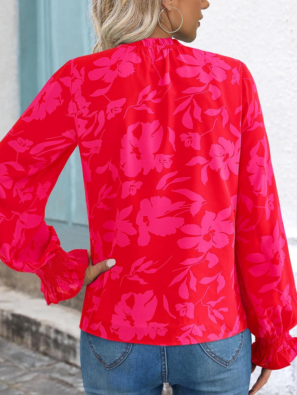 Detalle de MASCOMODA Women's V Neck Floral Long Sleeve Top — Boho Chic for 2026 Summer