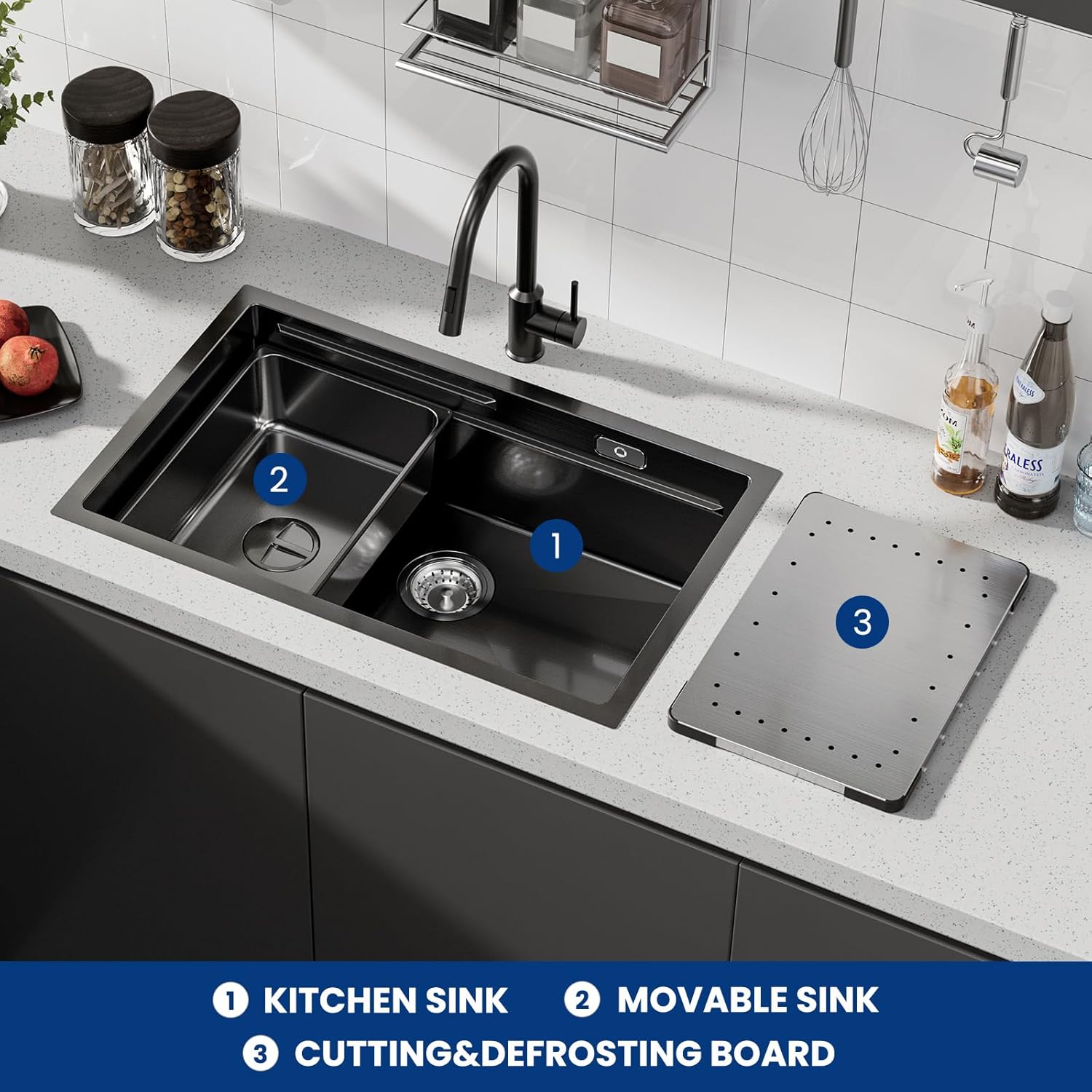 Thumbnail 2 de CECIPA Lavello nero 70 x 44 cm in acciaio inox con tagliere e accessori — set 3 in 1