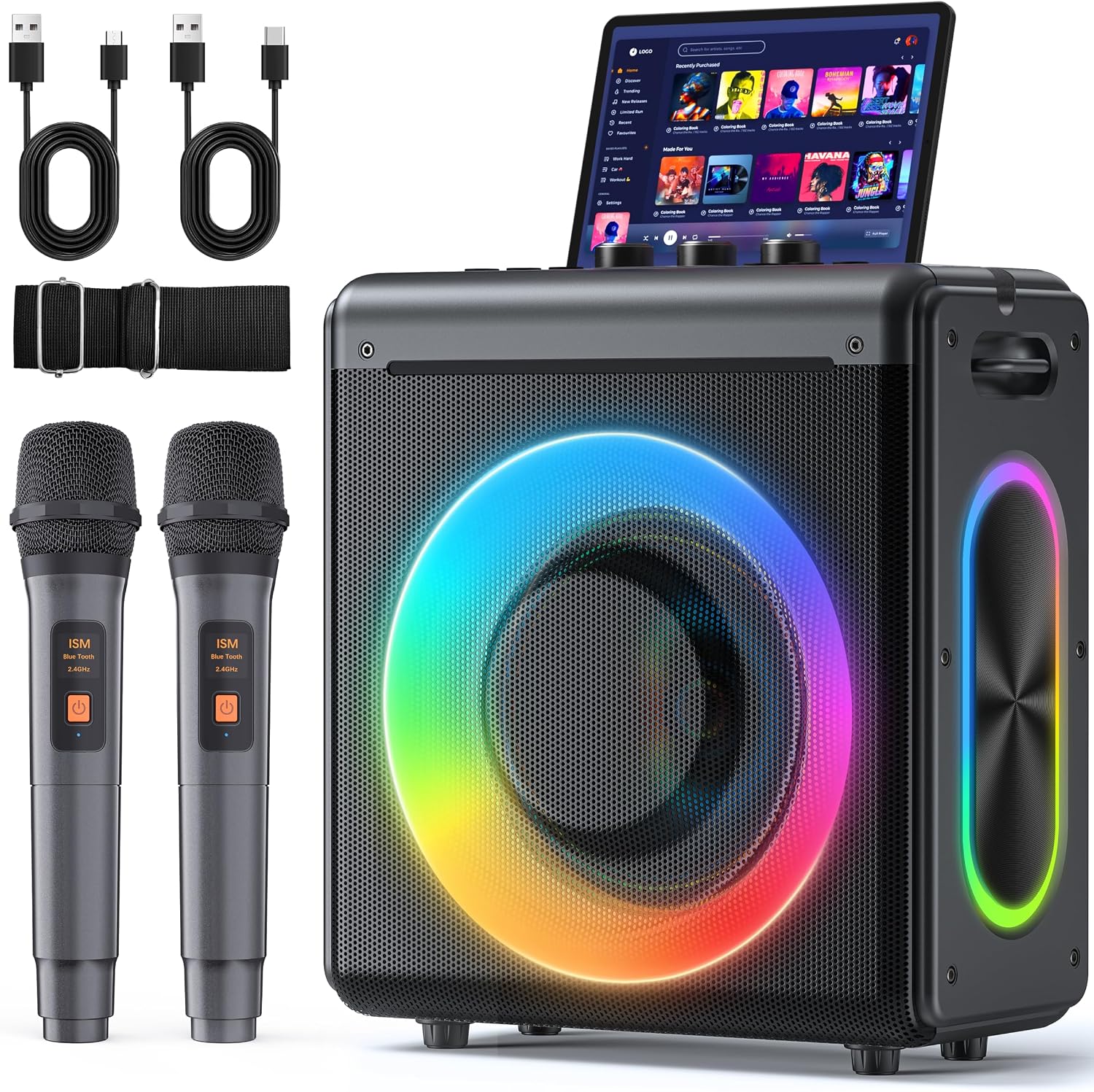Detalle de VERKB T-09 Karaoke Machine, 150W Peak, Bluetooth 5.3, Two Wireless Mics
