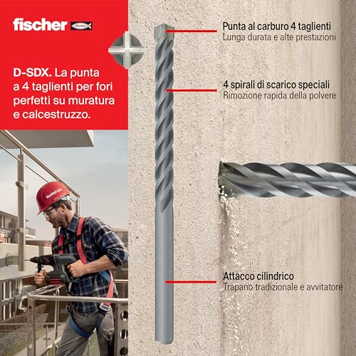 Detalle de Fischer Kit 5 Punte Trapano D-SDX Quattro Taglienti – 5, 6, 8, 10 e 12 mm