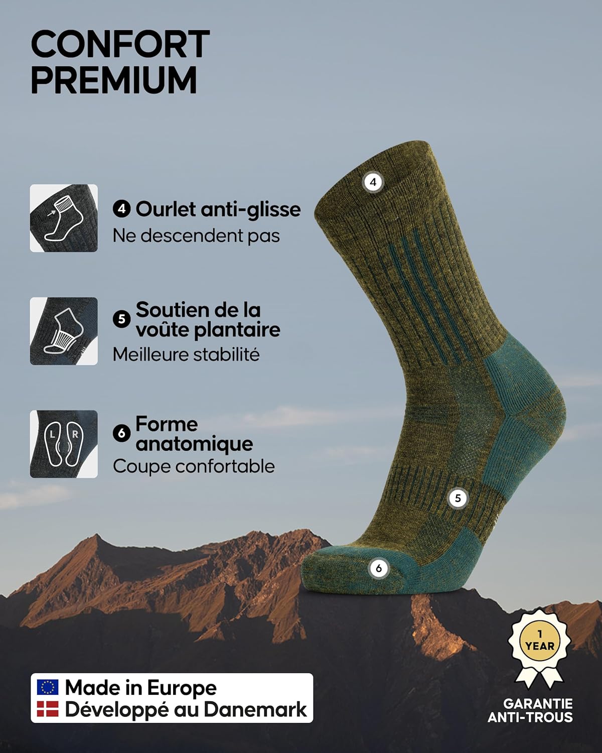 Thumbnail 2 de Danish Endurance Chaussettes de randonnée en laine mérinos premium (lot de 2) anti-rayures