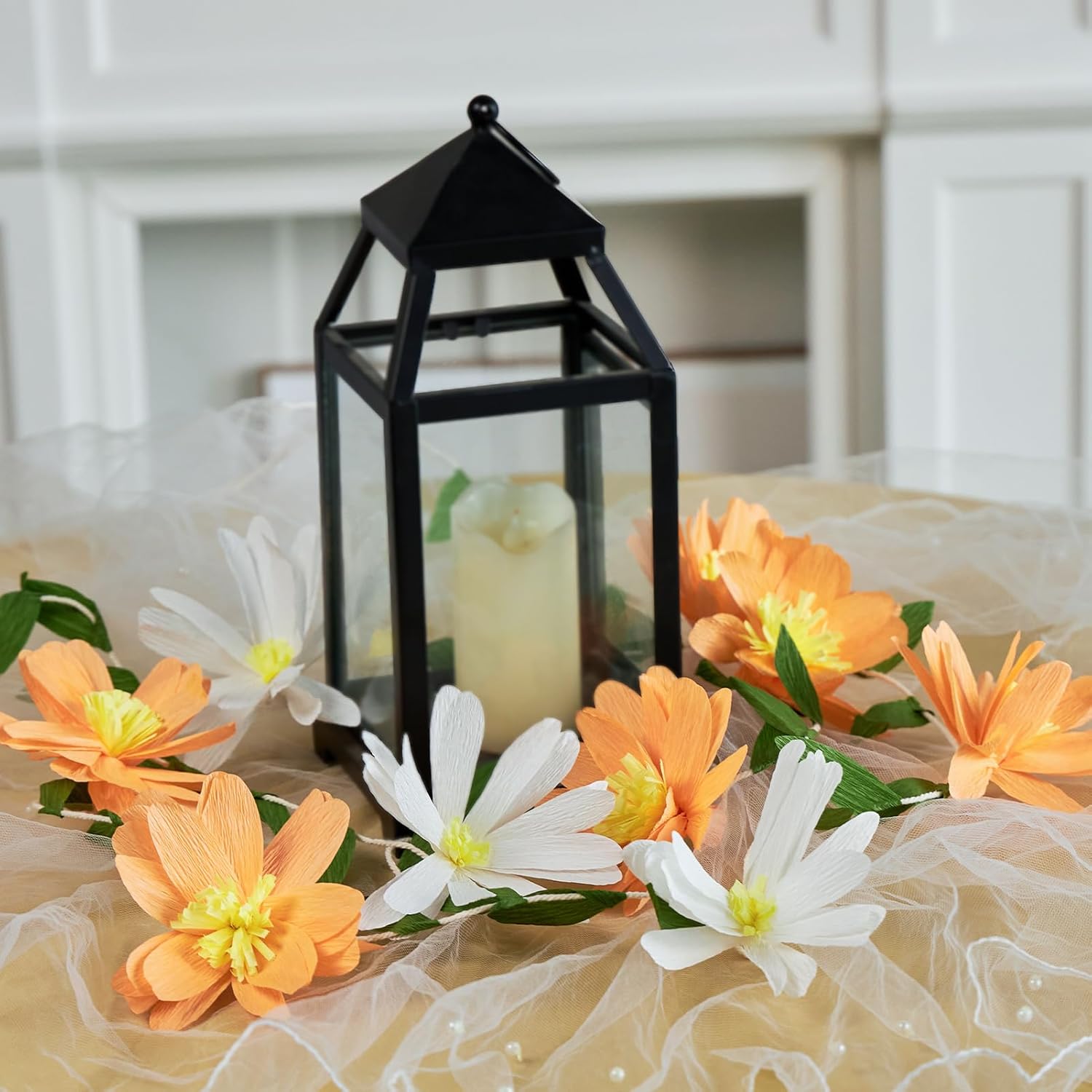 Thumbnail 6 de Easy Joy Paper Flower Garland 8.2ft - Spring Orange & White Floral Banner with Green Leaves