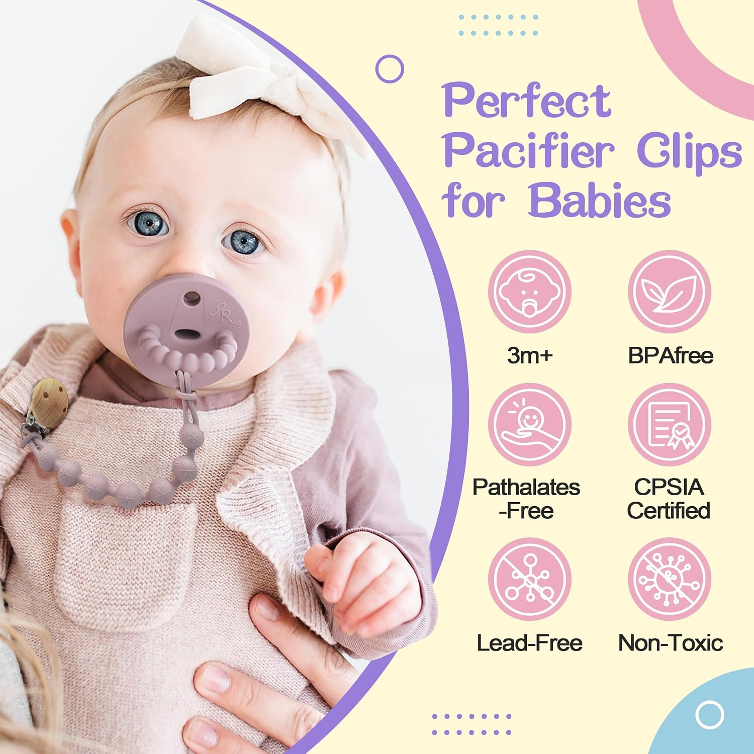Thumbnail 1 de MumEZ Dummy Clip – 2 Pcs Premium Silicone Dummy Clip (Cream White + Purple) for Babies