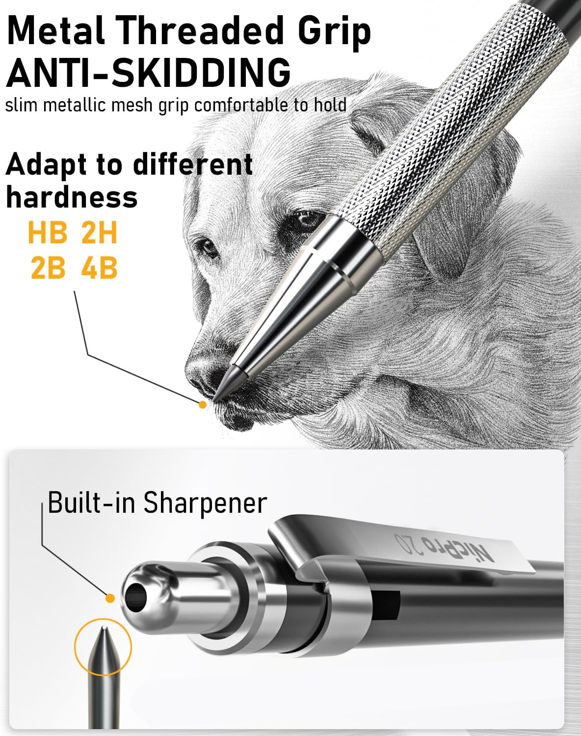 Detalle 2 de Nicpro 6-piece mechanical pencils set with metal bodies and case (0.3, 0.5, 0.7, 0.9 and 2.0mm leads)