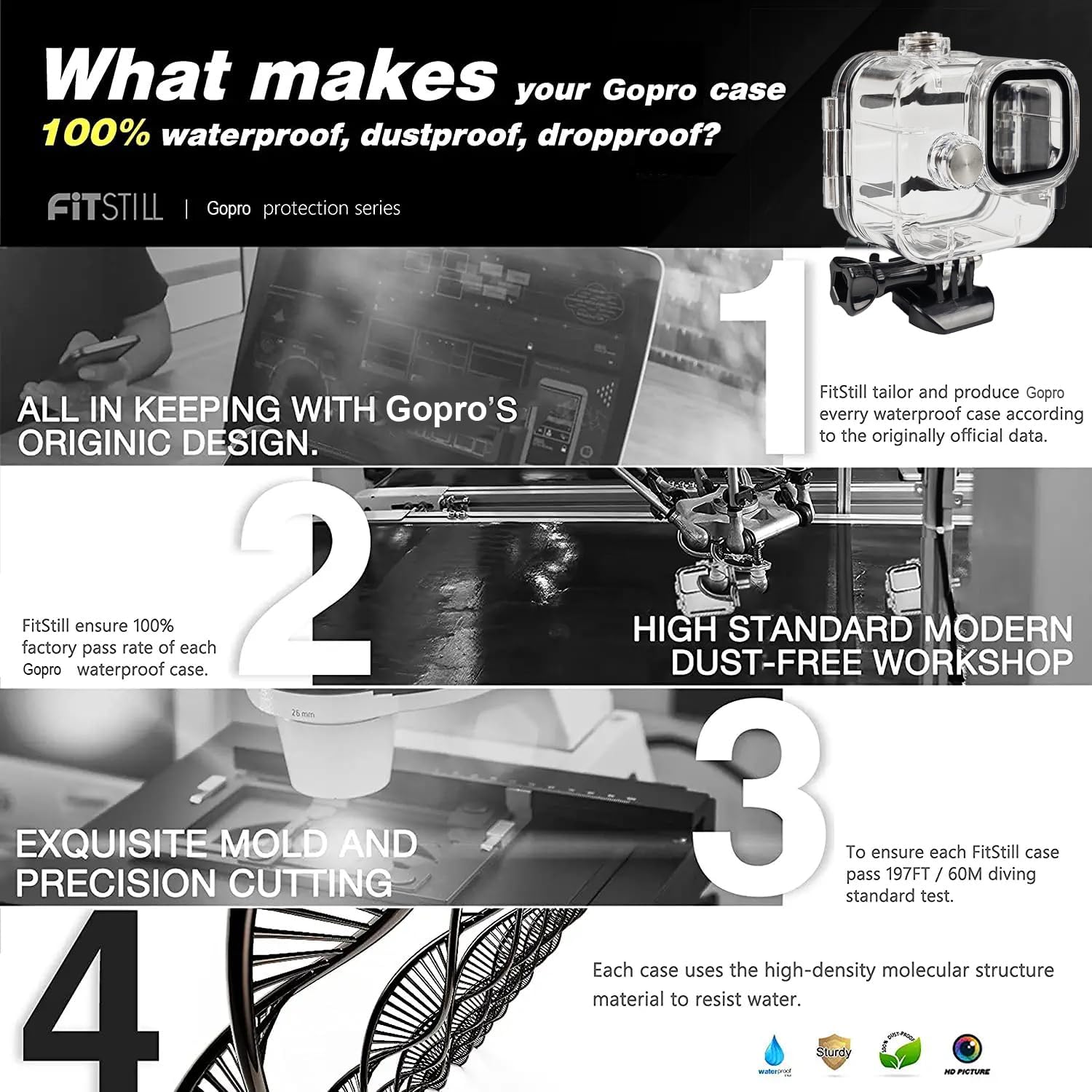 Thumbnail 1 de FitStill 45M/148FT Waterproof Underwater Case and Buoyancy Handle for Go Pro Hero 11 Mini Black