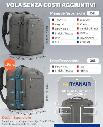 Detalle 2 de VANKEV Zaino da viaggio espandibile 40x30x20, 24-30 L, grigio