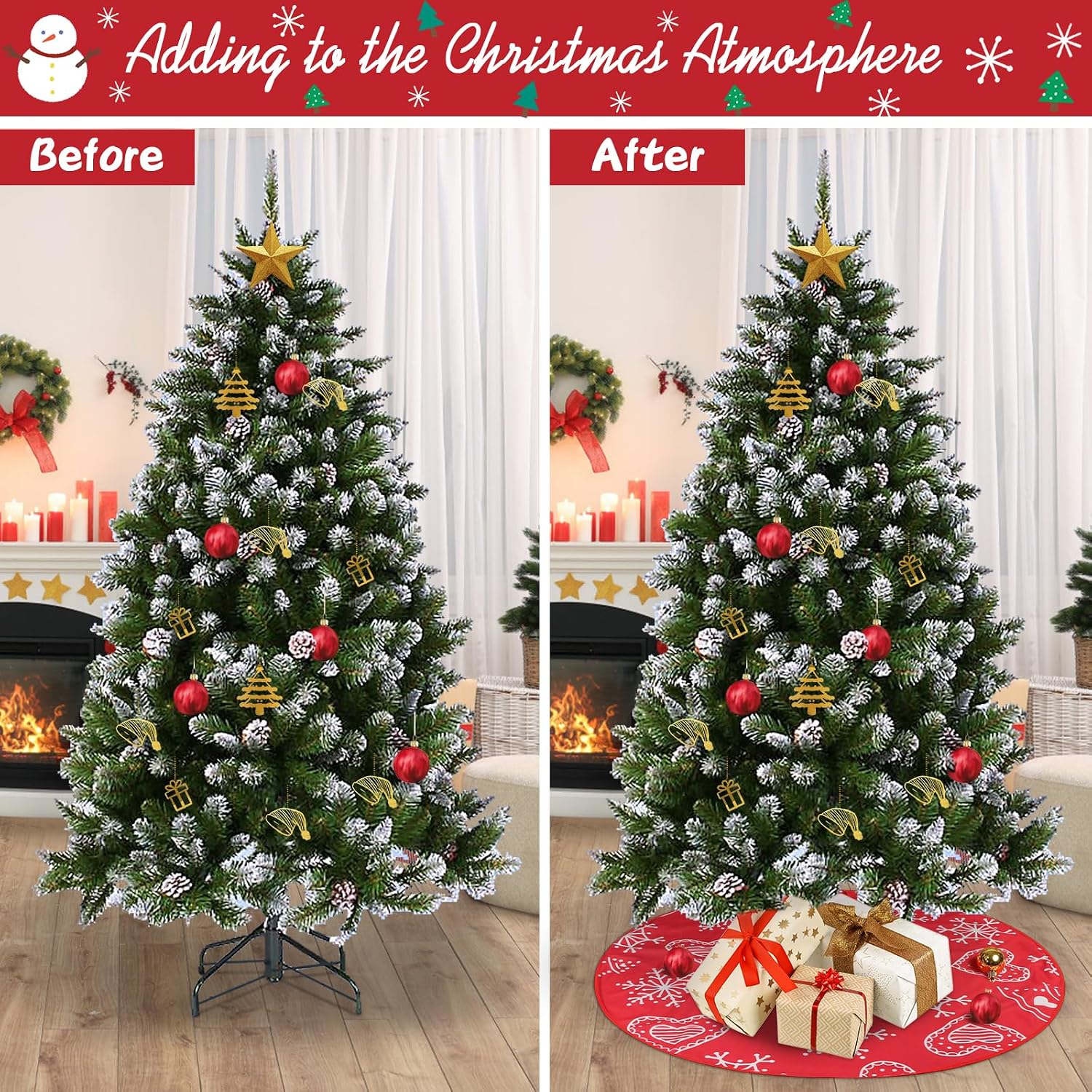 Detalle de Figarge Weihnachtsbaumdecke (90 cm) mit Schneeflocken-Muster und Bindekordeln – rund, Rot