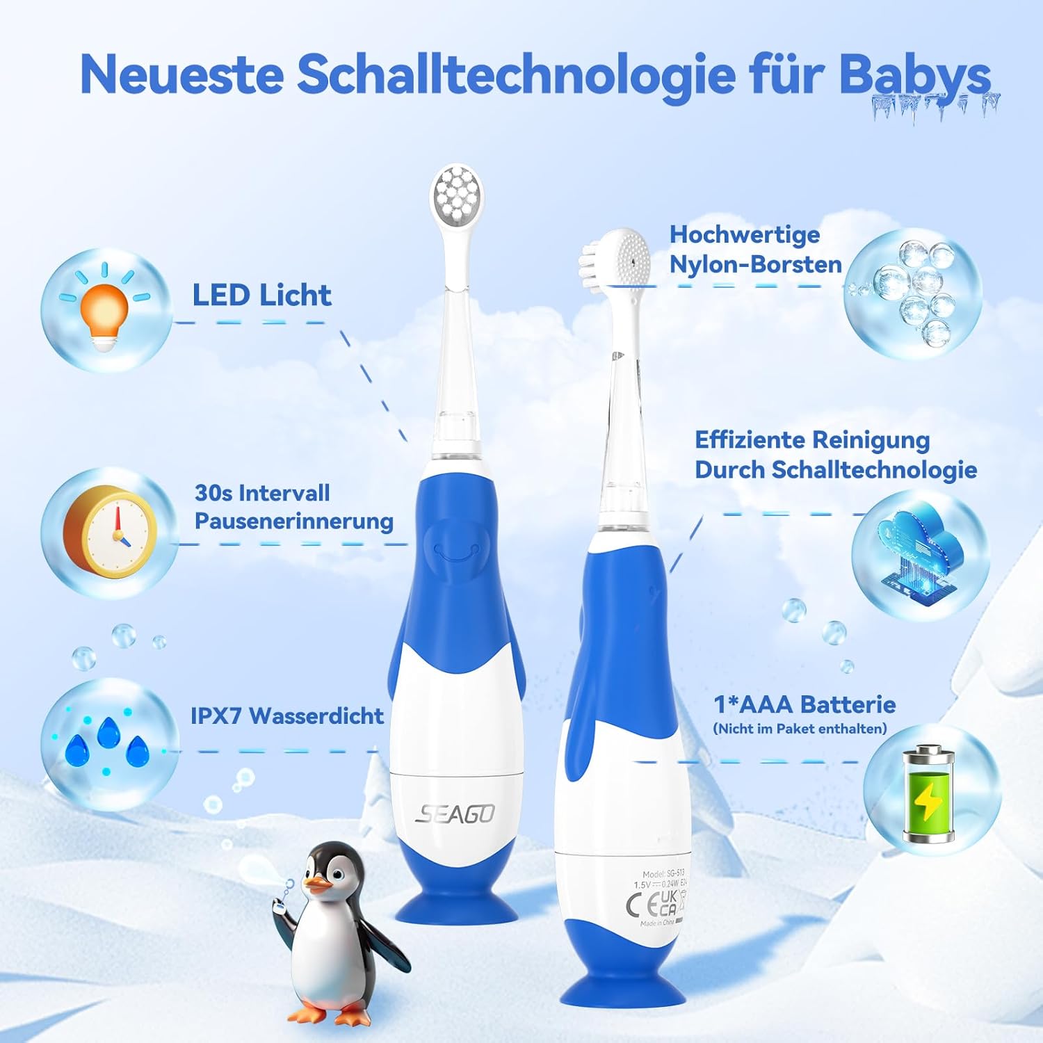 Thumbnail 6 de Seago SG513 Kinder-Elektrische Zahnbürste (0–3 Jahre) mit LED-Licht, weicher gummierter Rundbürste & IPX7