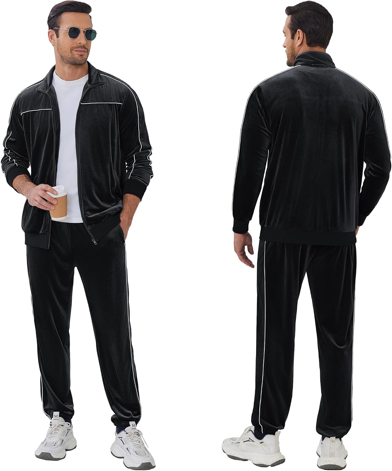 Detalle de COOFANDY Men's Velour Tracksuit Set with Full-Zip Jacket and Drawstring Pants