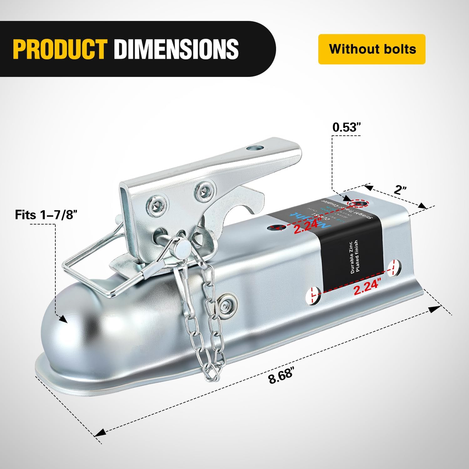 Thumbnail 1 de Nilight Straight Trailer Coupler with Safety Latch & Chain for 1-7/8 Inch Hitch Ball (2-1/2 Inch Channel, 2000 LBS)