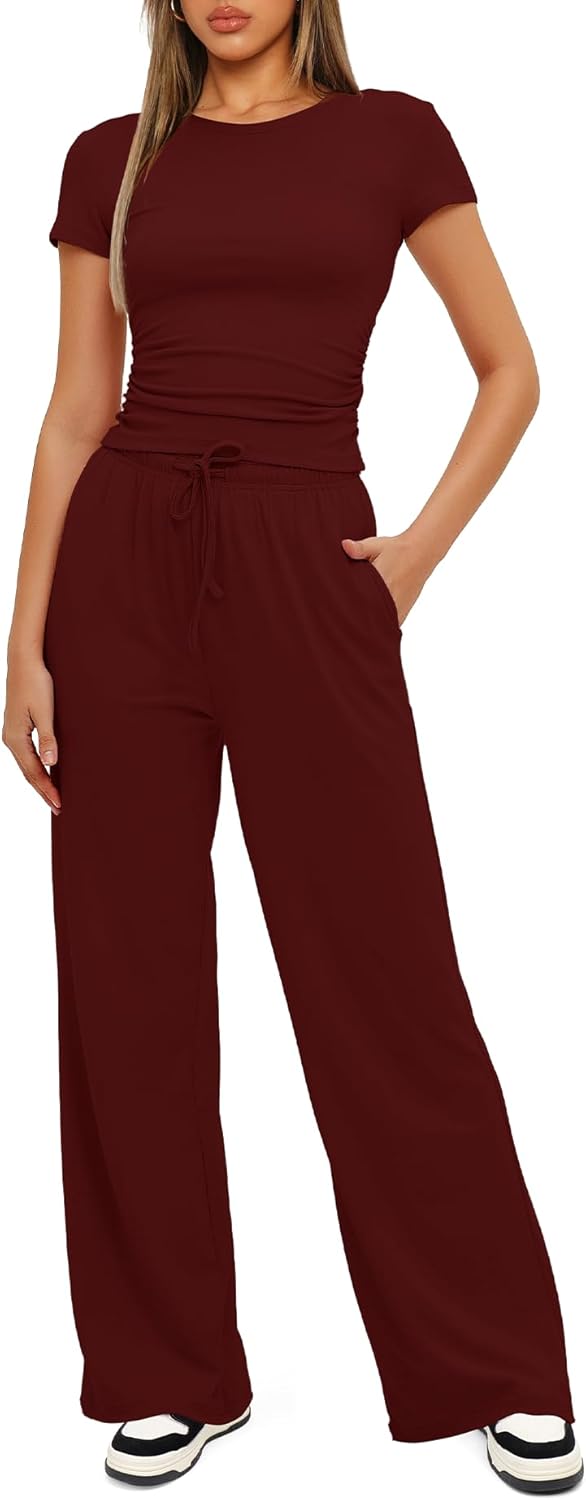 Thumbnail 2 de Darong Women's 2 Piece Summer Outfits Lounge Sets: Side Ruched Crop Top & Wide Leg Pants