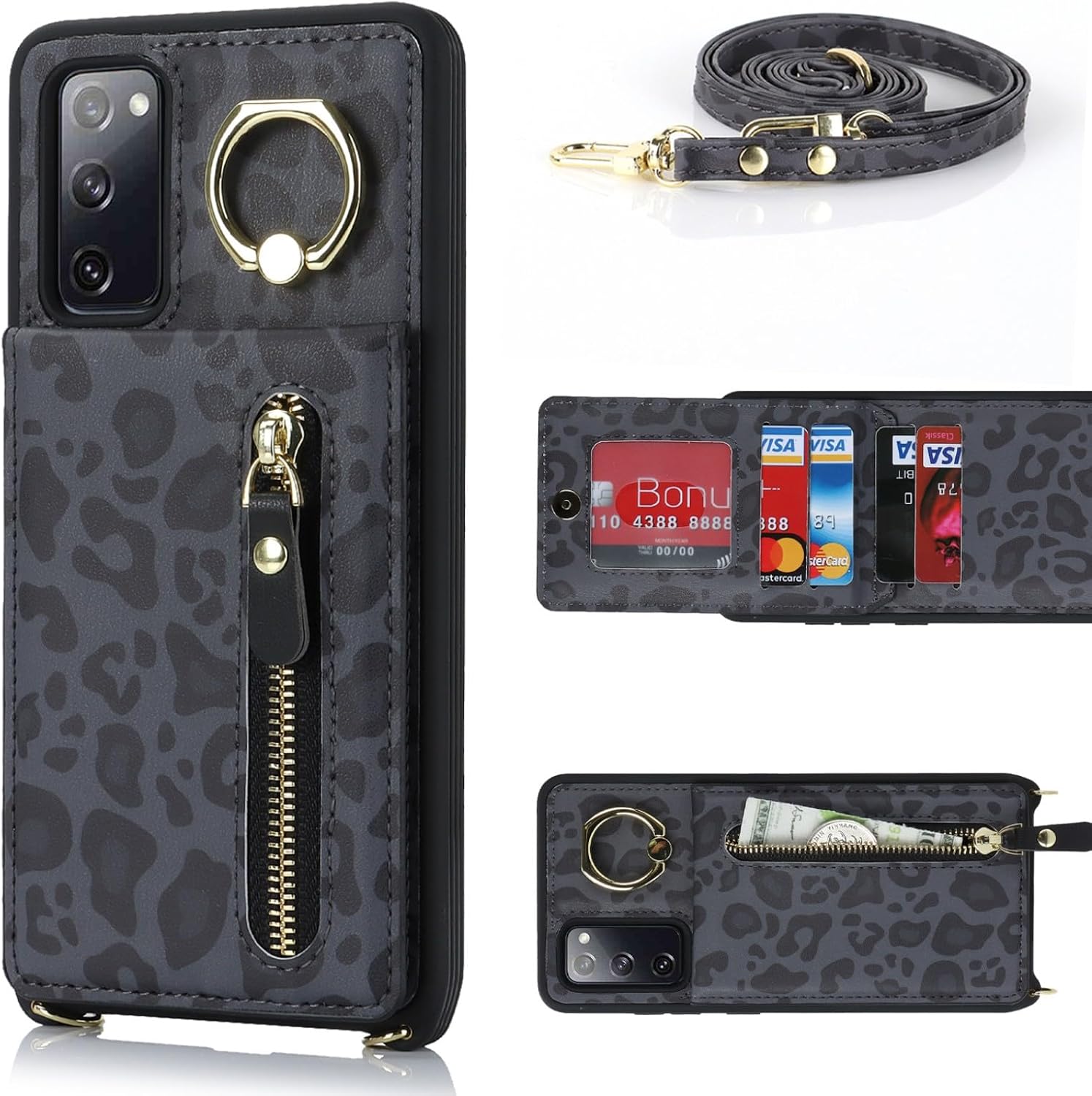 Detalle de Zouzt Wallet Case with Cord and Card Holder for Samsung Galaxy S20 FE (Black Leopard)