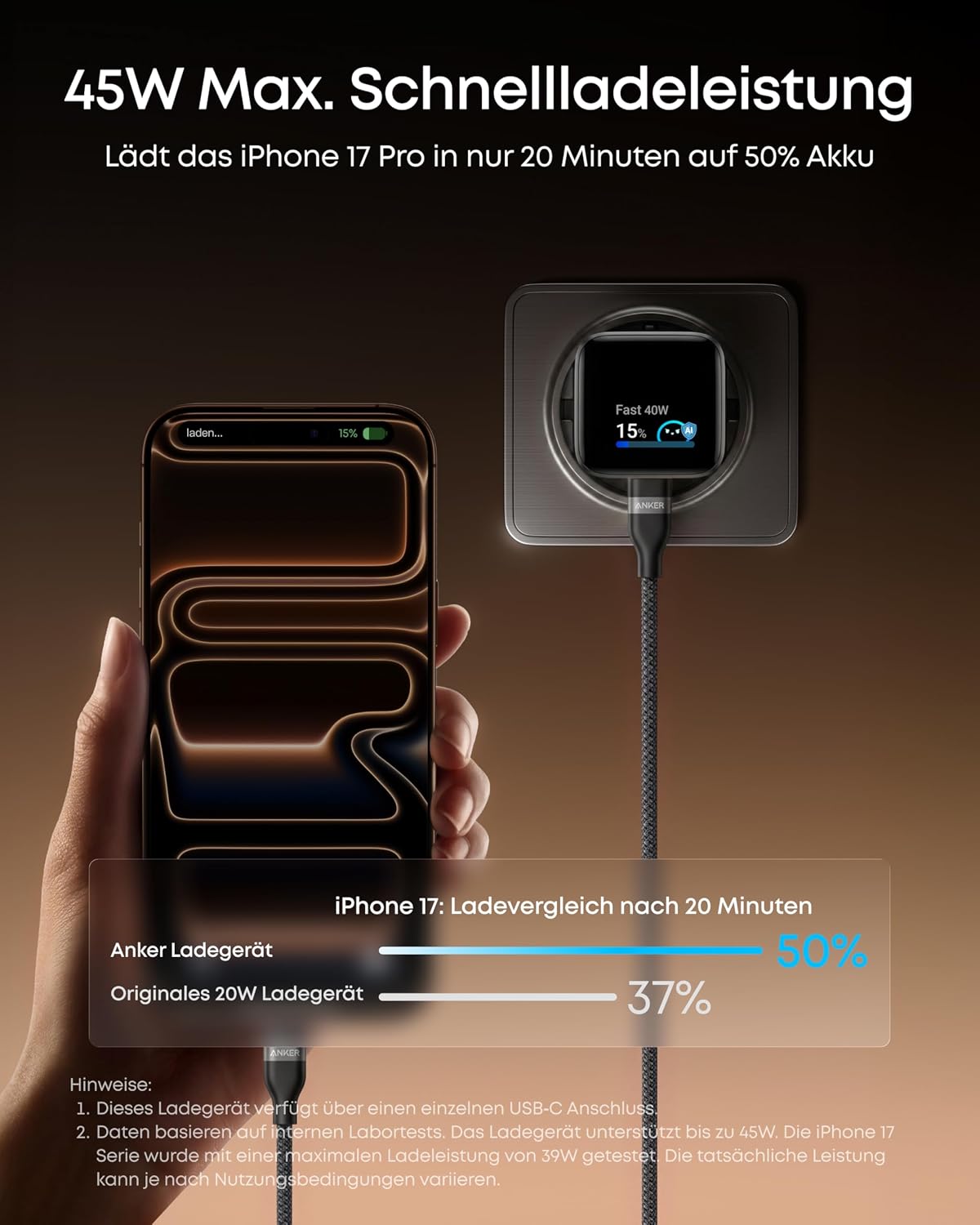 Detalle de Anker Nano 45W Smart-Ladegerät (USB‑C) mit Display, iPhone-Erkennung und Schonmodus