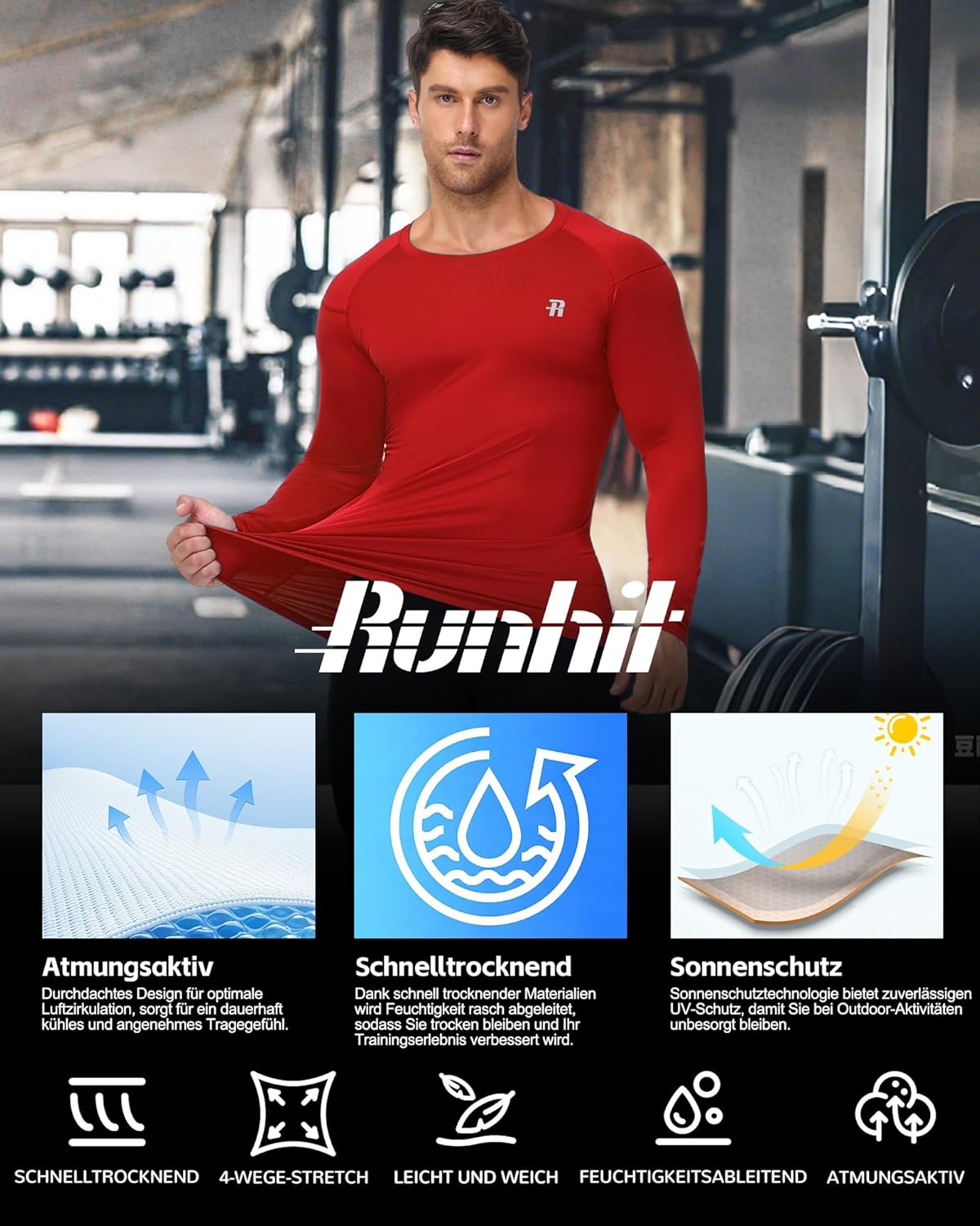 Detalle de Runhit Kompressionsshirt Herren Langarm – UPF50+ und 4‑Wege‑Stretch