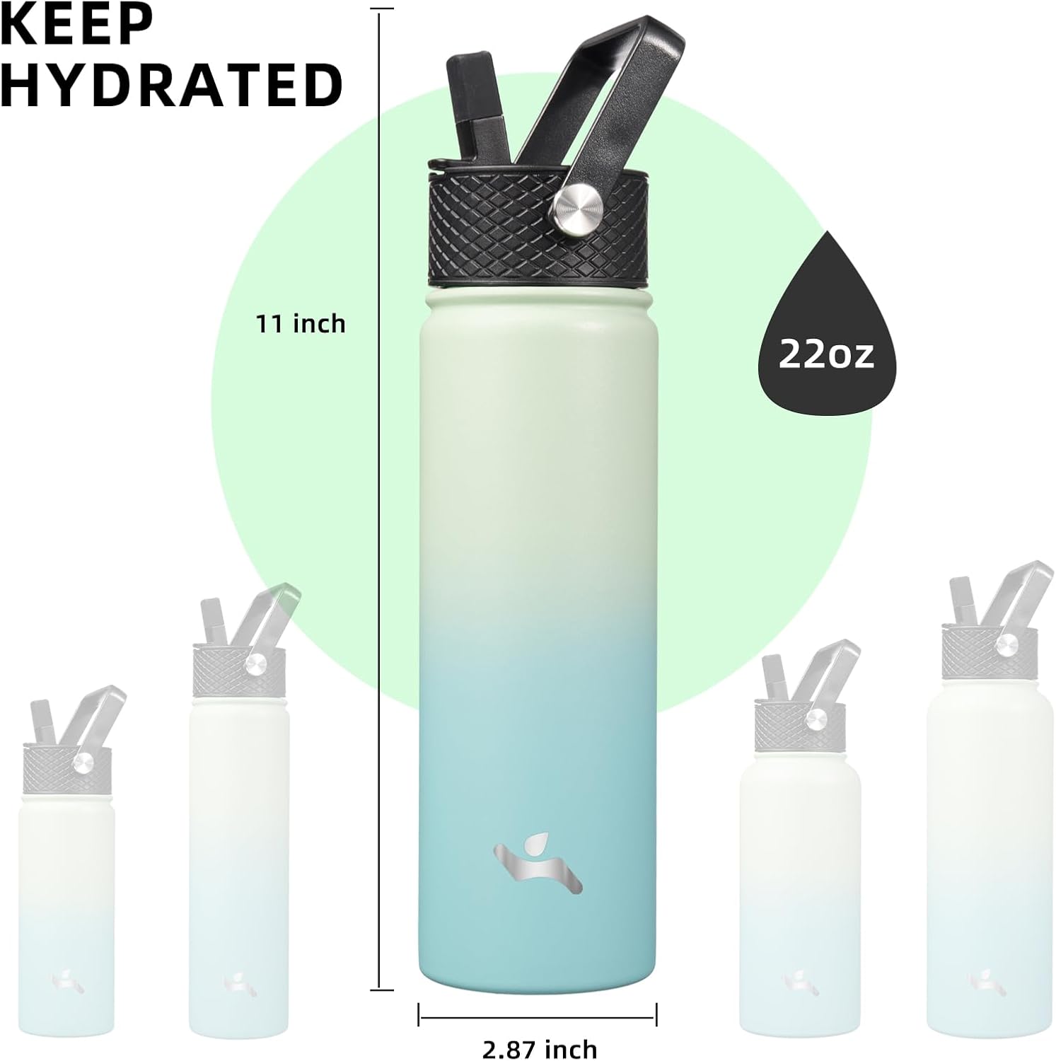 Thumbnail 4 de Konokyo 22oz Stainless Steel Bottle with 3 Lids Mint