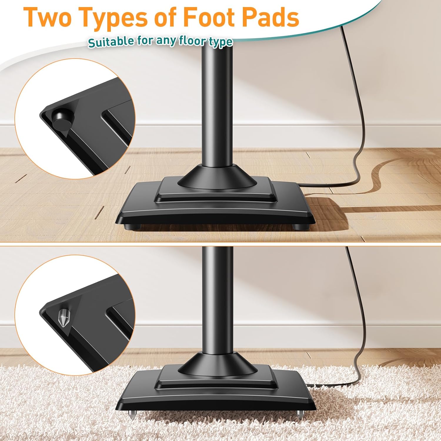 Detalle de ELIVED Adjustable Height Speaker Stands (EV5028) – 865–1100mm, 5kg, with Cable Management