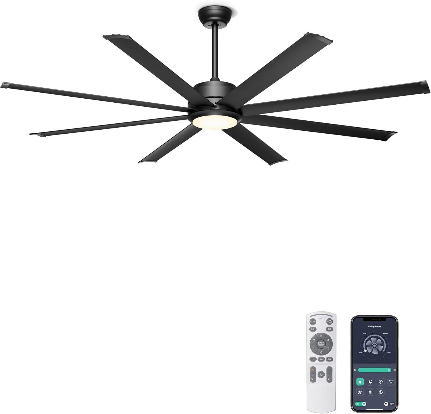 Detalle de Ohniyou GLX072 72-Inch Industrial Ceiling Fan, 8 Aluminum Blades, App & Remote